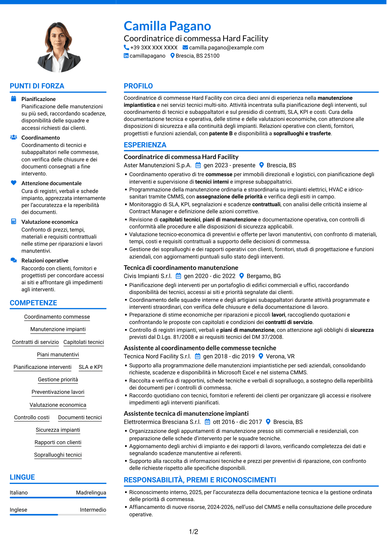 CV Audace (formato a due colonne con accenti colorati e foto): Contract Coordinator - Hard Facility, pagina 1
