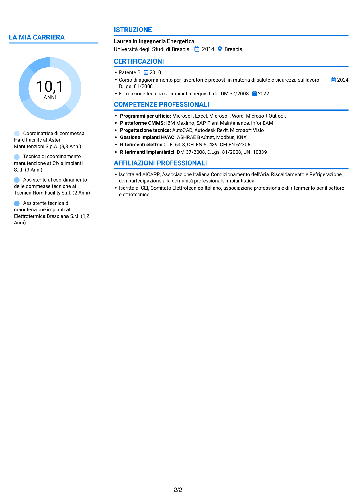 CV Audace (formato a due colonne con accenti colorati e foto): Contract Coordinator - Hard Facility, pagina 2