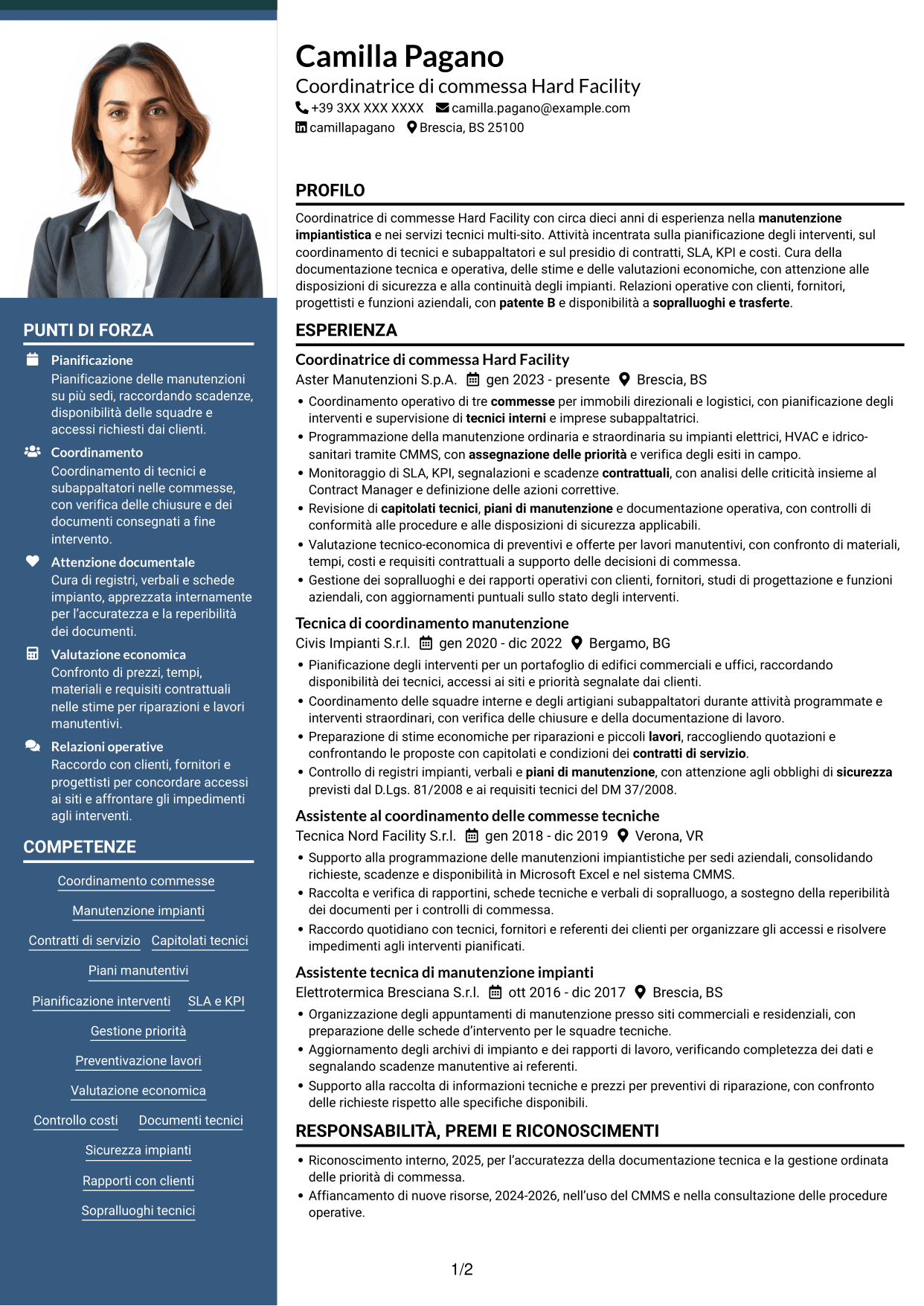 CV Signature (formato con colonna laterale colorata e foto grande): Contract Coordinator - Hard Facility, pagina 1