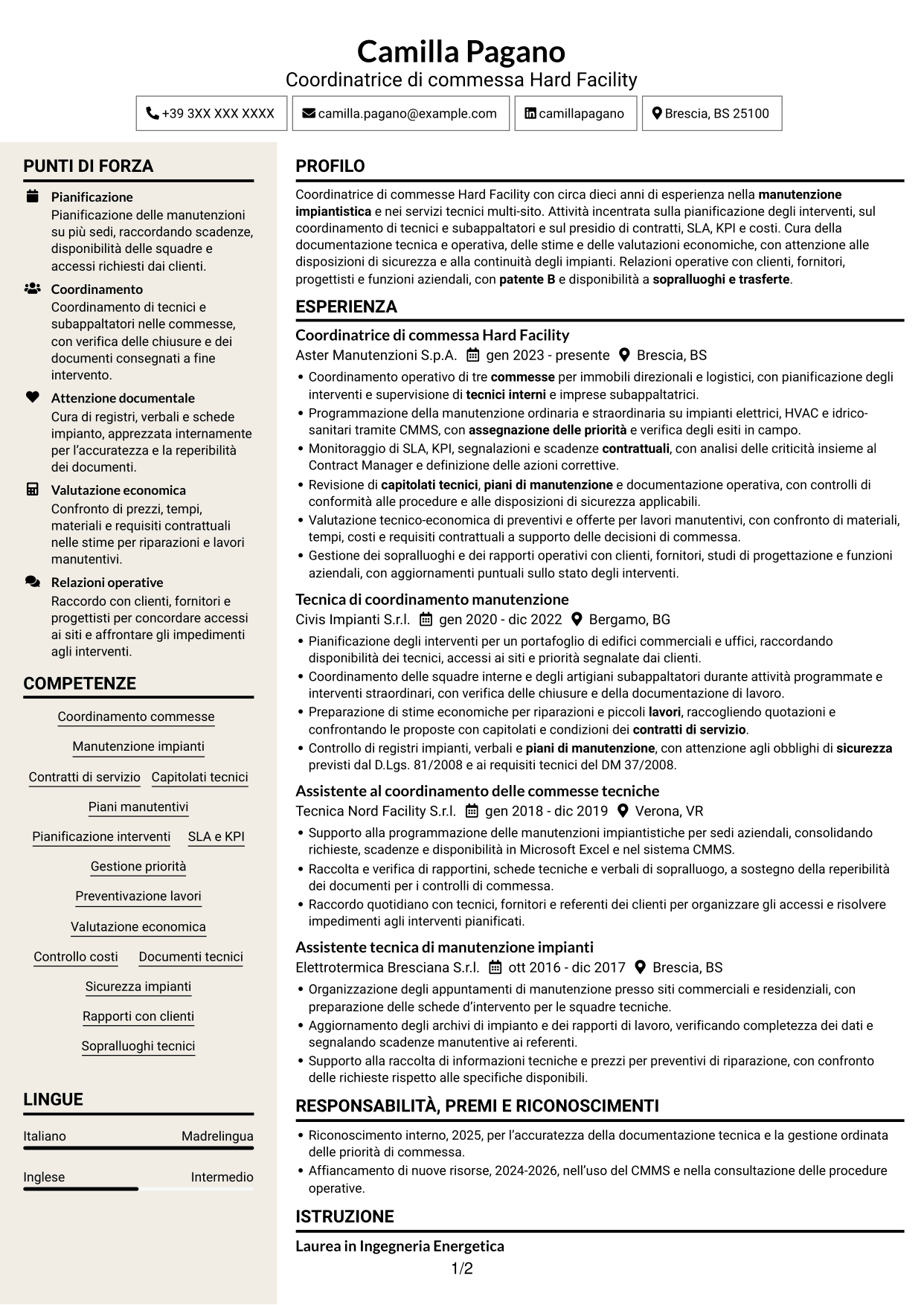 CV Intraprendente (formato a due colonne con intestazione centrata senza foto): Contract Coordinator - Hard Facility, pagina 1
