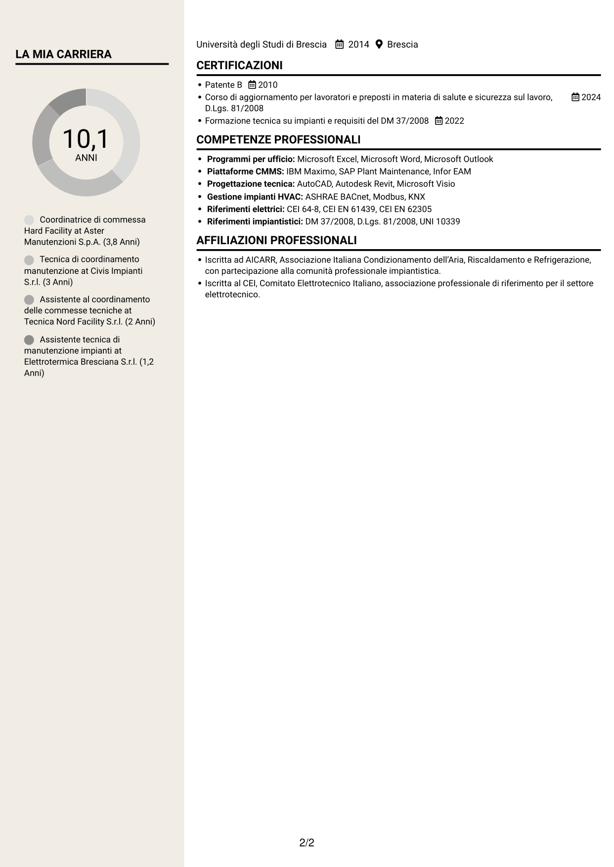 CV Intraprendente (formato a due colonne con intestazione centrata senza foto): Contract Coordinator - Hard Facility, pagina 2