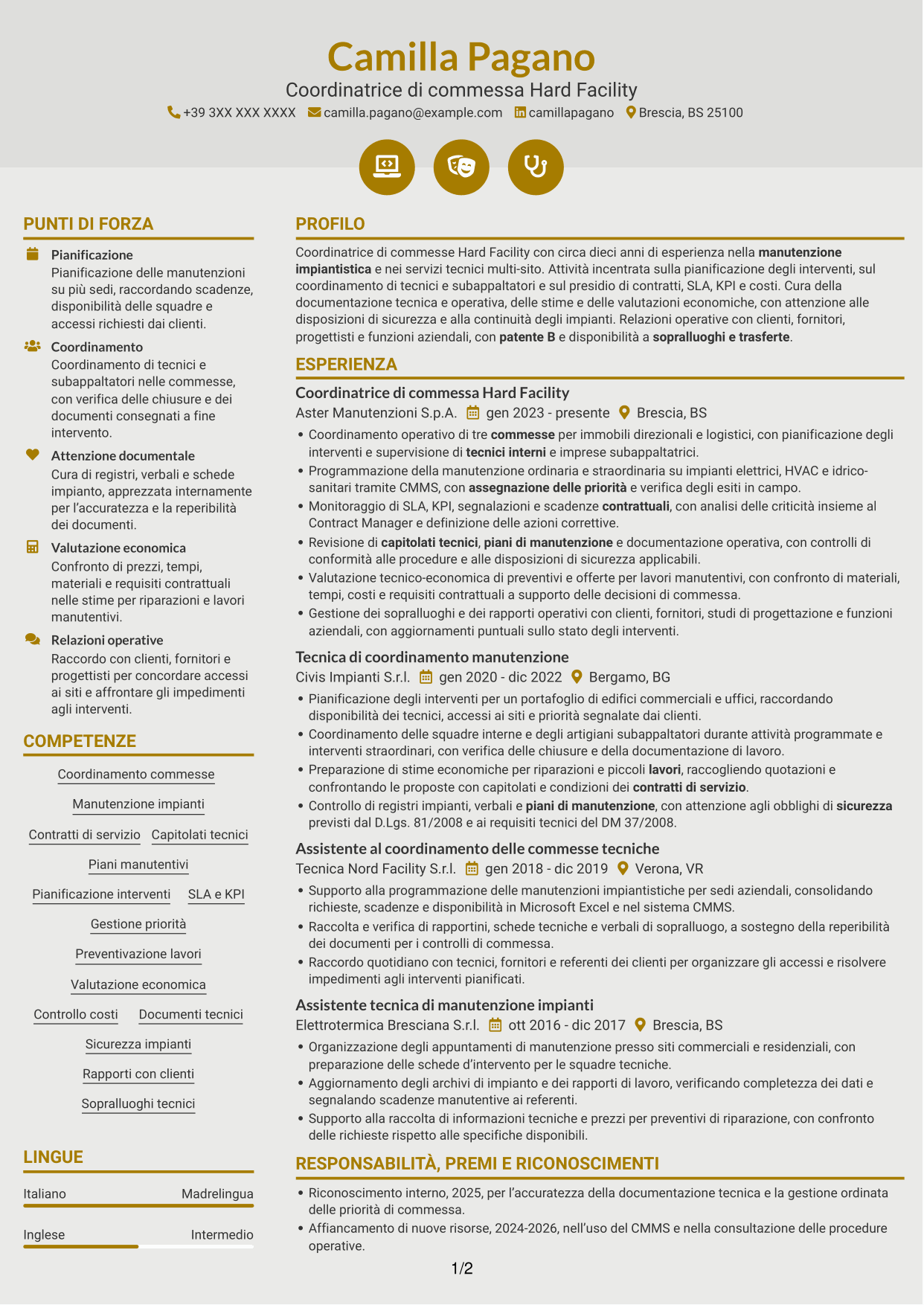 CV Dinamico (formato a due colonne con icone): Contract Coordinator - Hard Facility, pagina 1