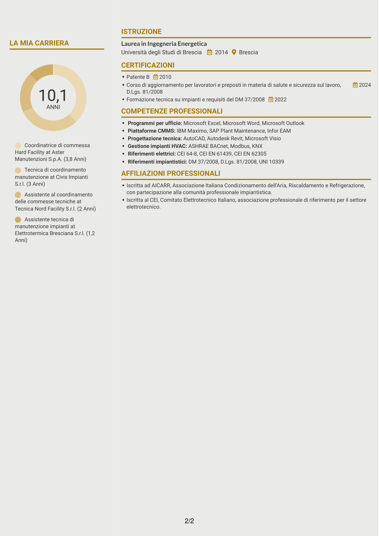 CV Dinamico (formato a due colonne con icone): Contract Coordinator - Hard Facility, pagina 2