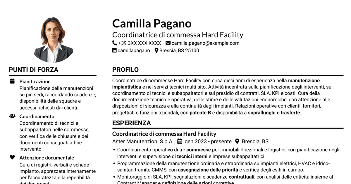 7 modelli di CV per Contract Coordinator - Hard Facility, con esempi