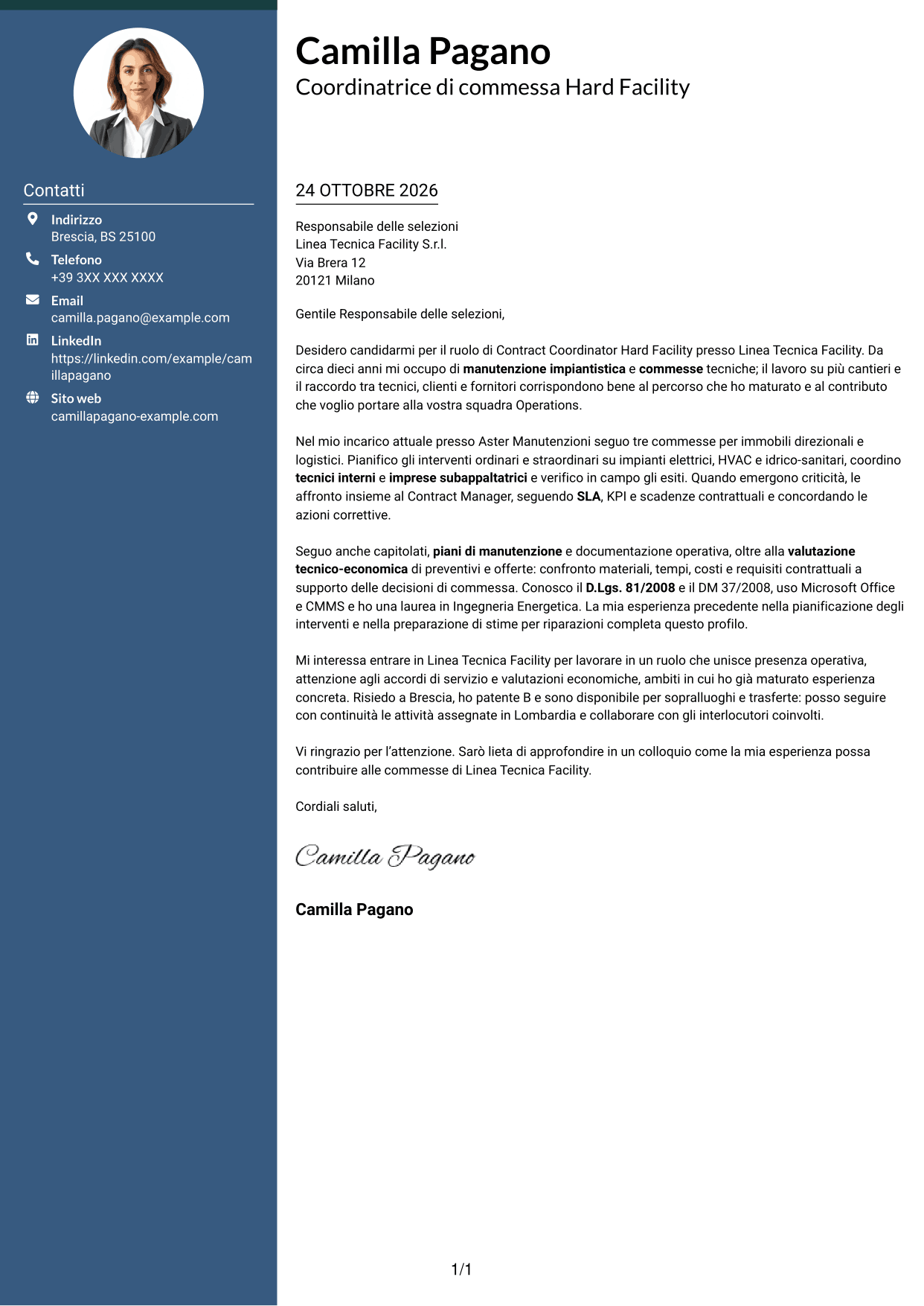 Lettera di presentazione Elegante (formato con colonna laterale colorata e foto): Contract Coordinator - Hard Facility, pagina 1