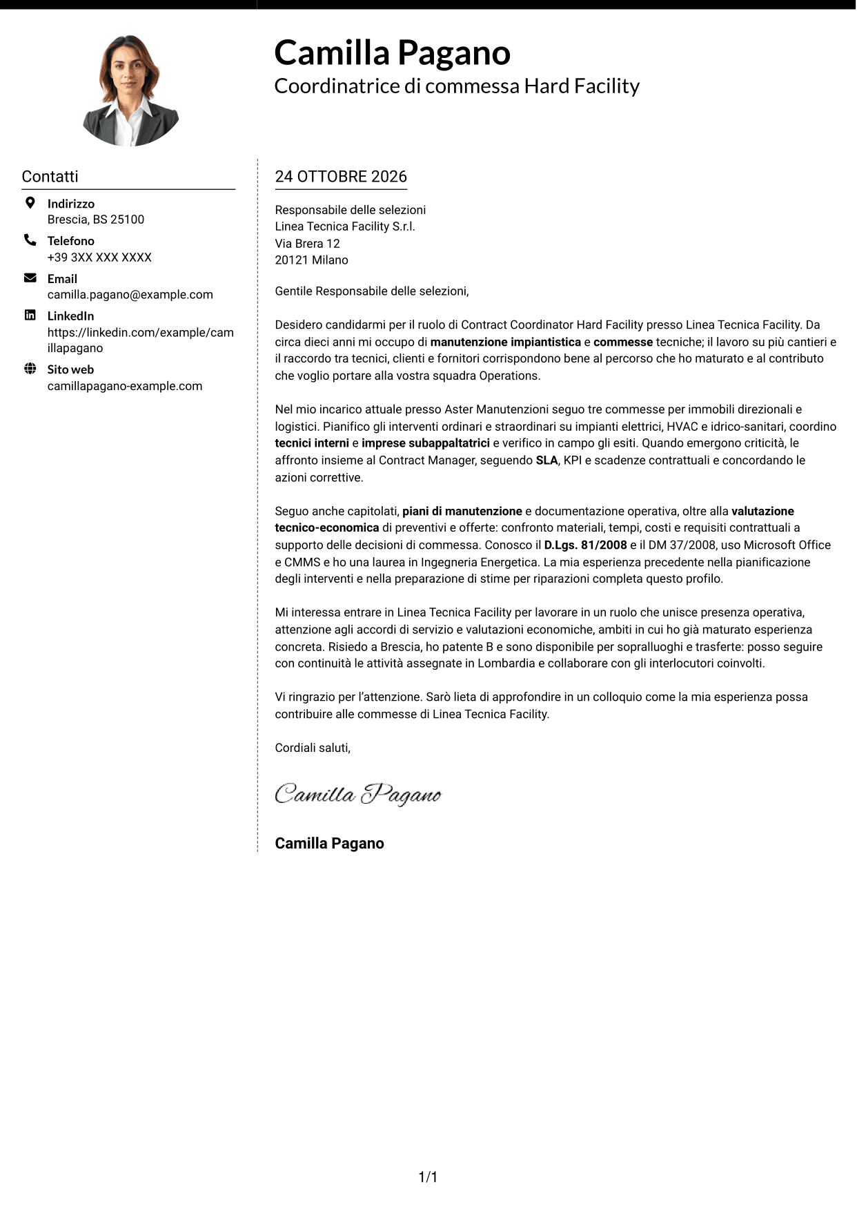 Lettera di presentazione Moderno (formato a due colonne con foto a sinistra e separatore): Contract Coordinator - Hard Facility, pagina 1