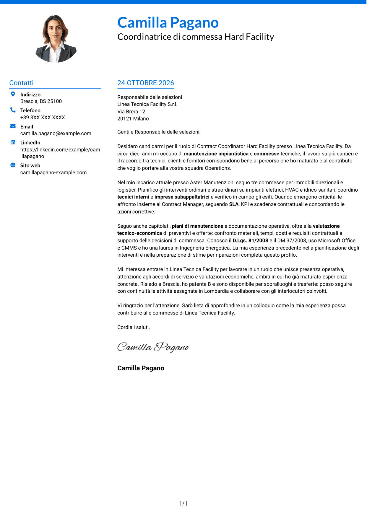Lettera di presentazione Audace (formato a due colonne con accenti colorati e foto): Contract Coordinator - Hard Facility, pagina 1