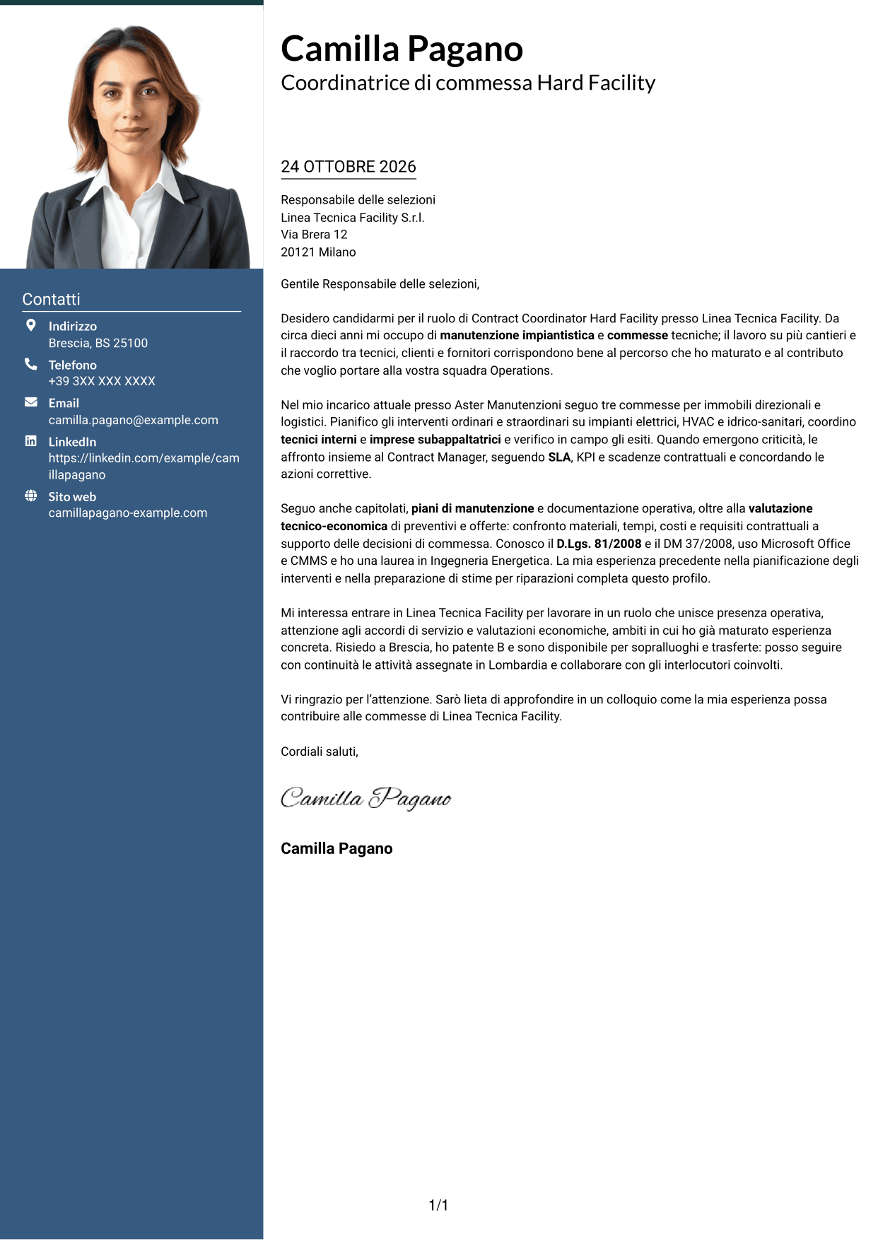 Lettera di presentazione Signature (formato con colonna laterale colorata e foto grande): Contract Coordinator - Hard Facility, pagina 1