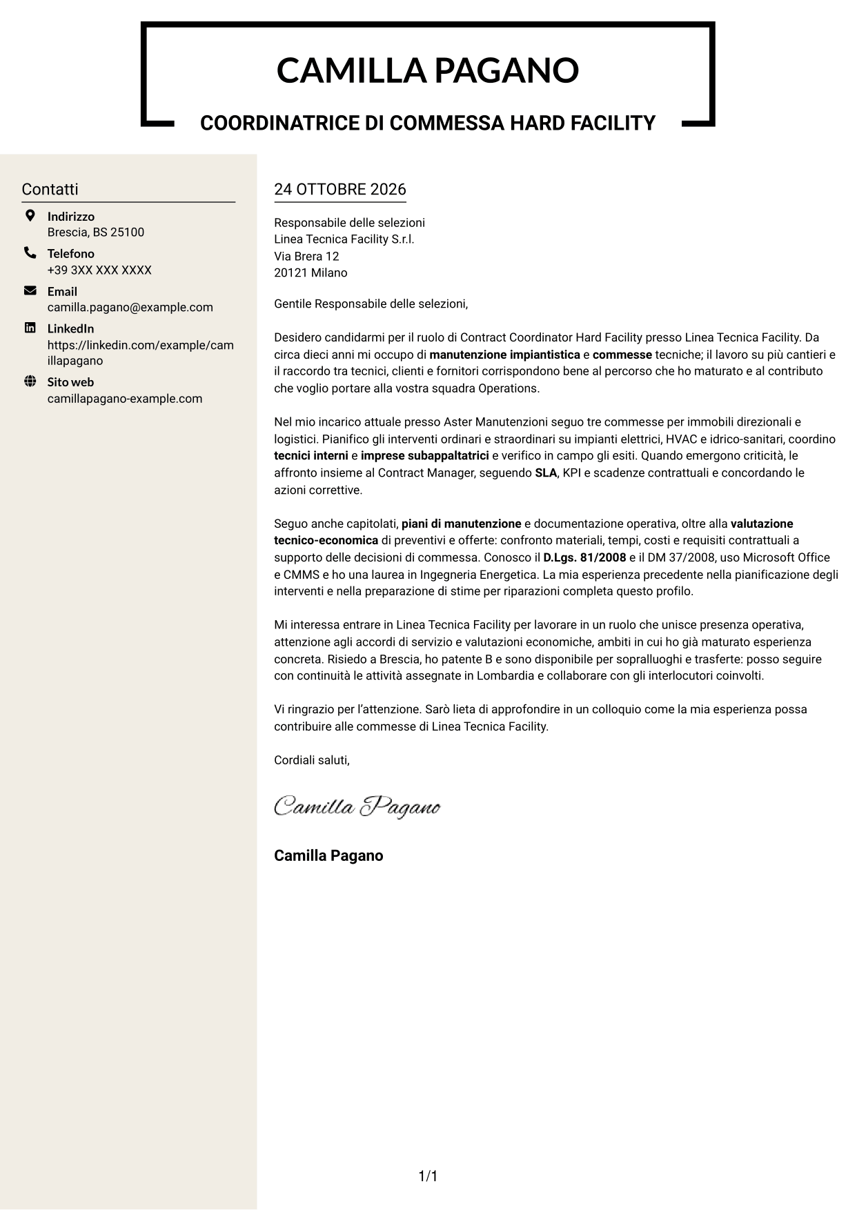 Lettera di presentazione Intraprendente (formato a due colonne con intestazione centrata senza foto): Contract Coordinator - Hard Facility, pagina 1