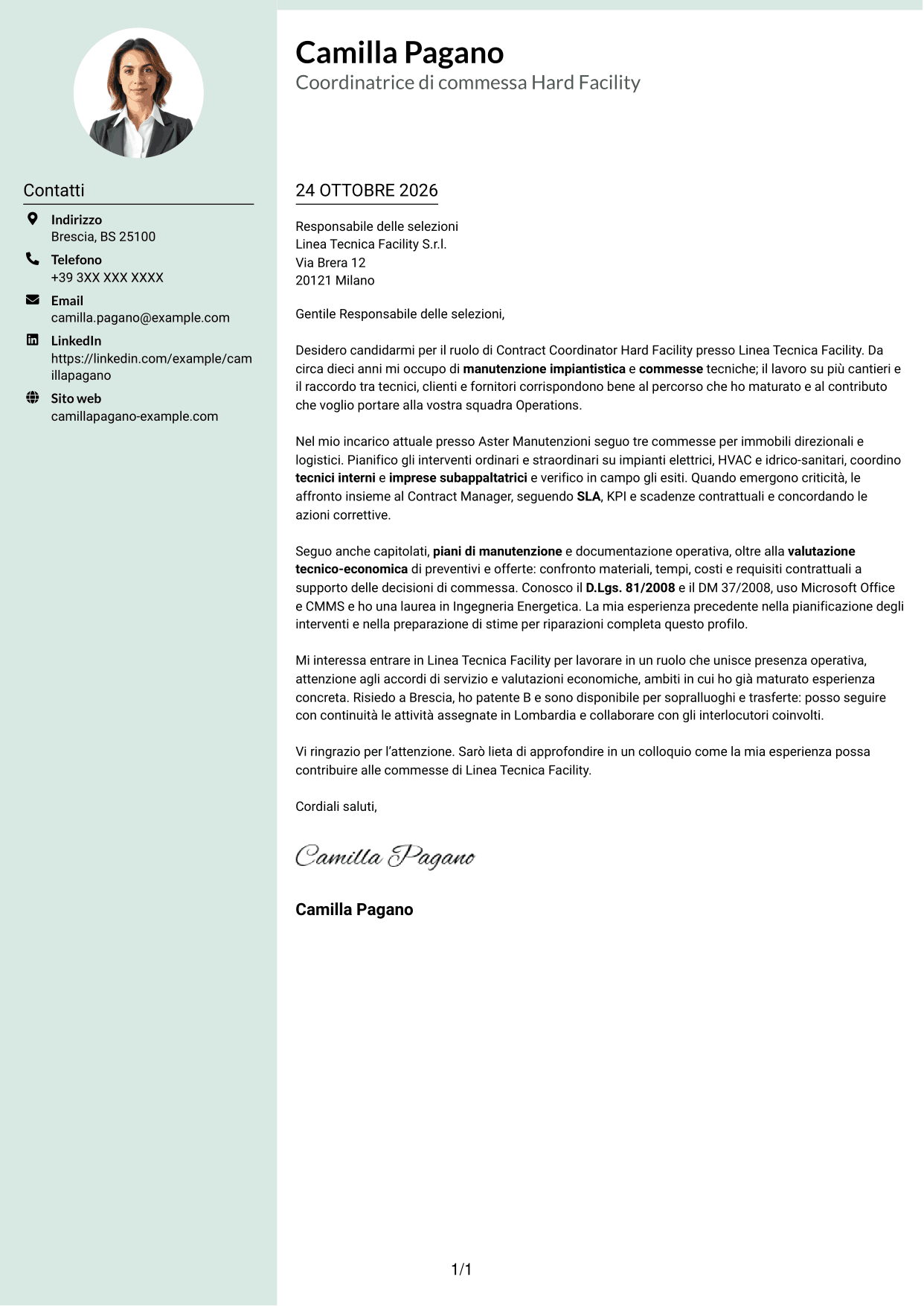 Lettera di presentazione Dirigente (formato con colonna laterale tenue e foto arrotondata): Contract Coordinator - Hard Facility, pagina 1