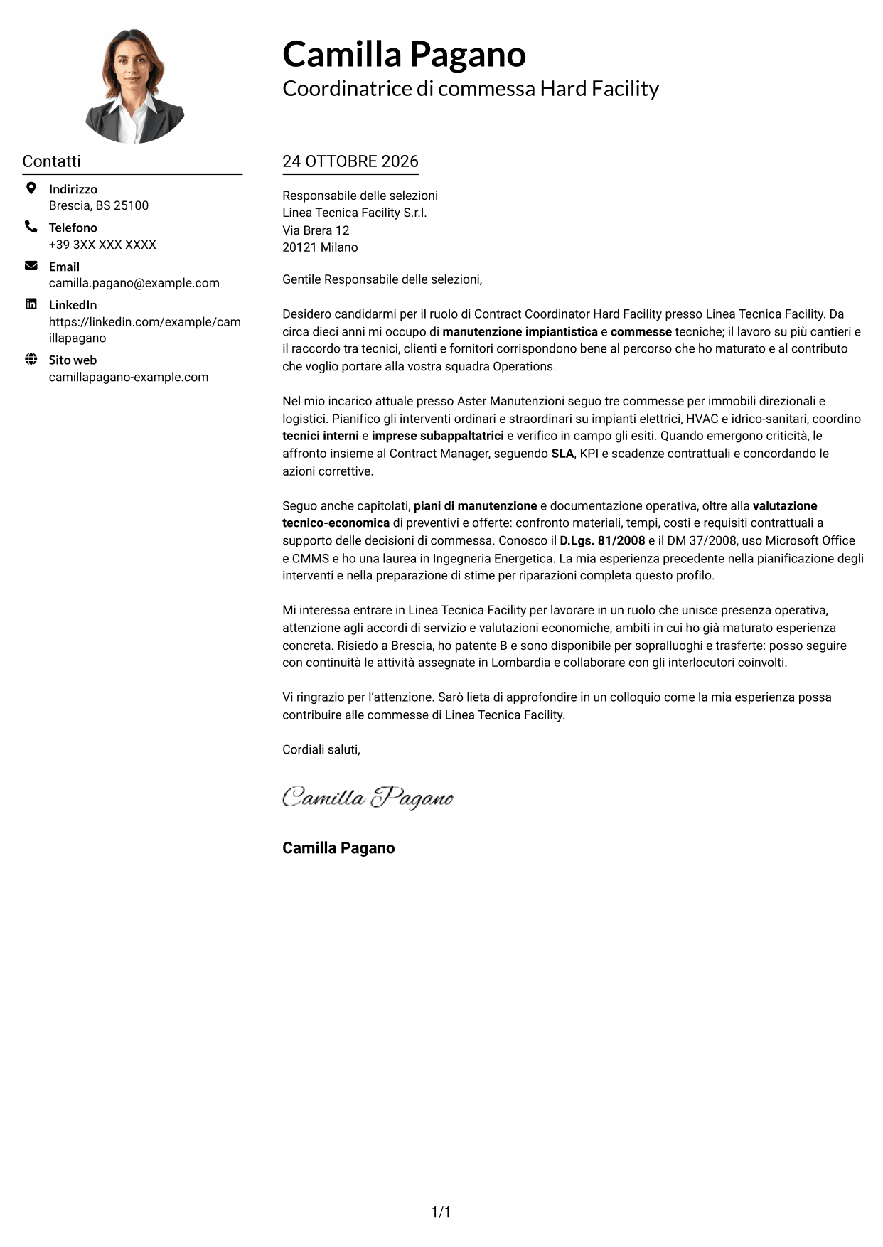 Esempio di lettera di presentazione — pagina 1