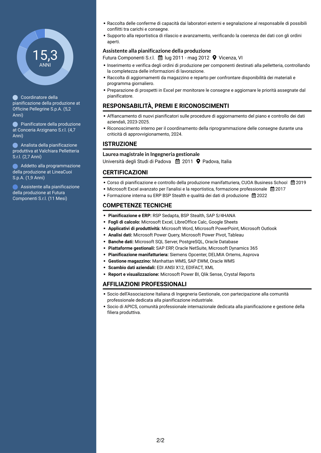 CV Elegante (formato con colonna laterale colorata e foto): Coordinatore della pianificazione della produzione - Pelletteria, pagina 2