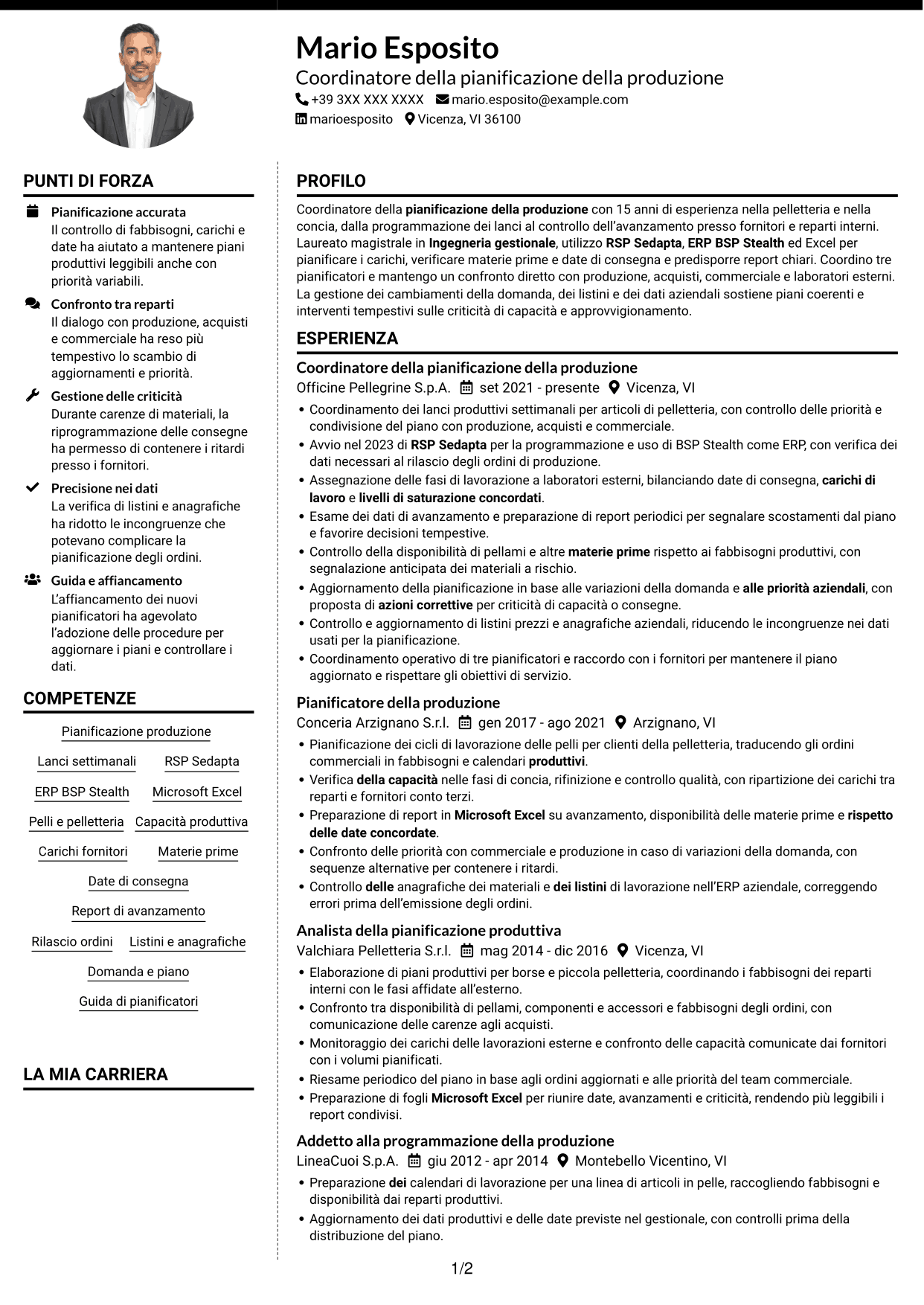 CV Moderno (formato a due colonne con foto a sinistra e separatore): Coordinatore della pianificazione della produzione - Pelletteria, pagina 1