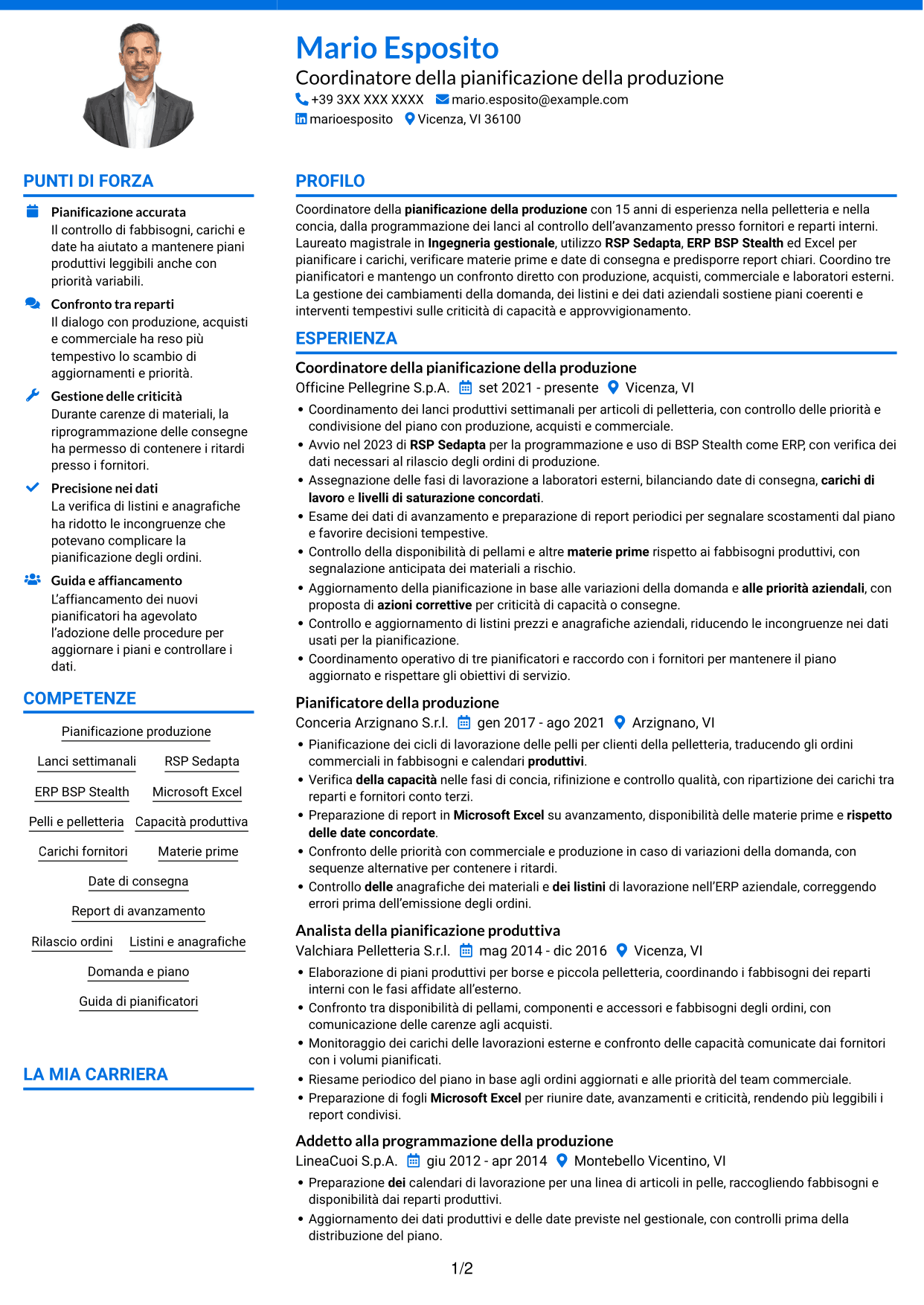 CV Audace (formato a due colonne con accenti colorati e foto): Coordinatore della pianificazione della produzione - Pelletteria, pagina 1