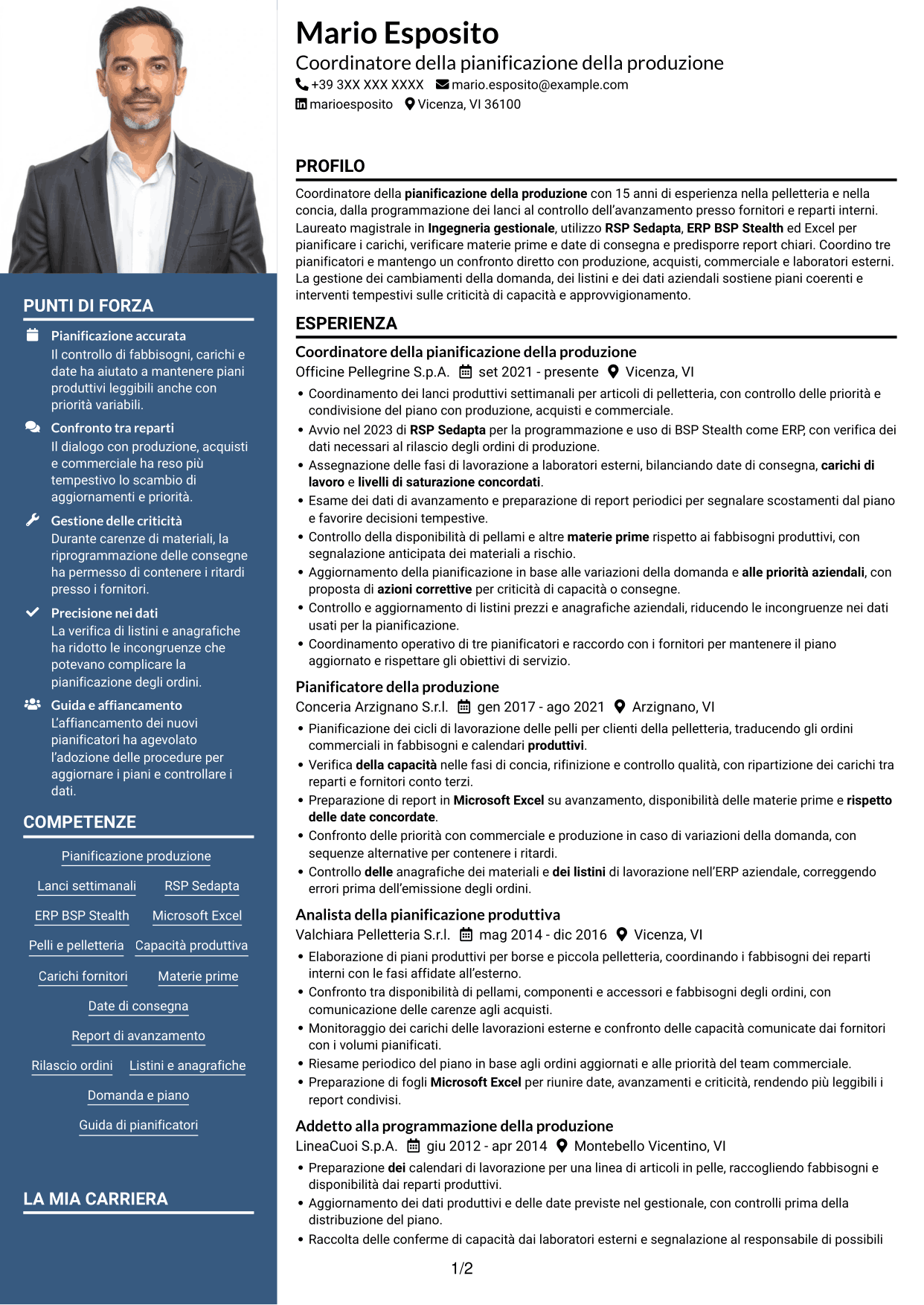 CV Signature (formato con colonna laterale colorata e foto grande): Coordinatore della pianificazione della produzione - Pelletteria, pagina 1