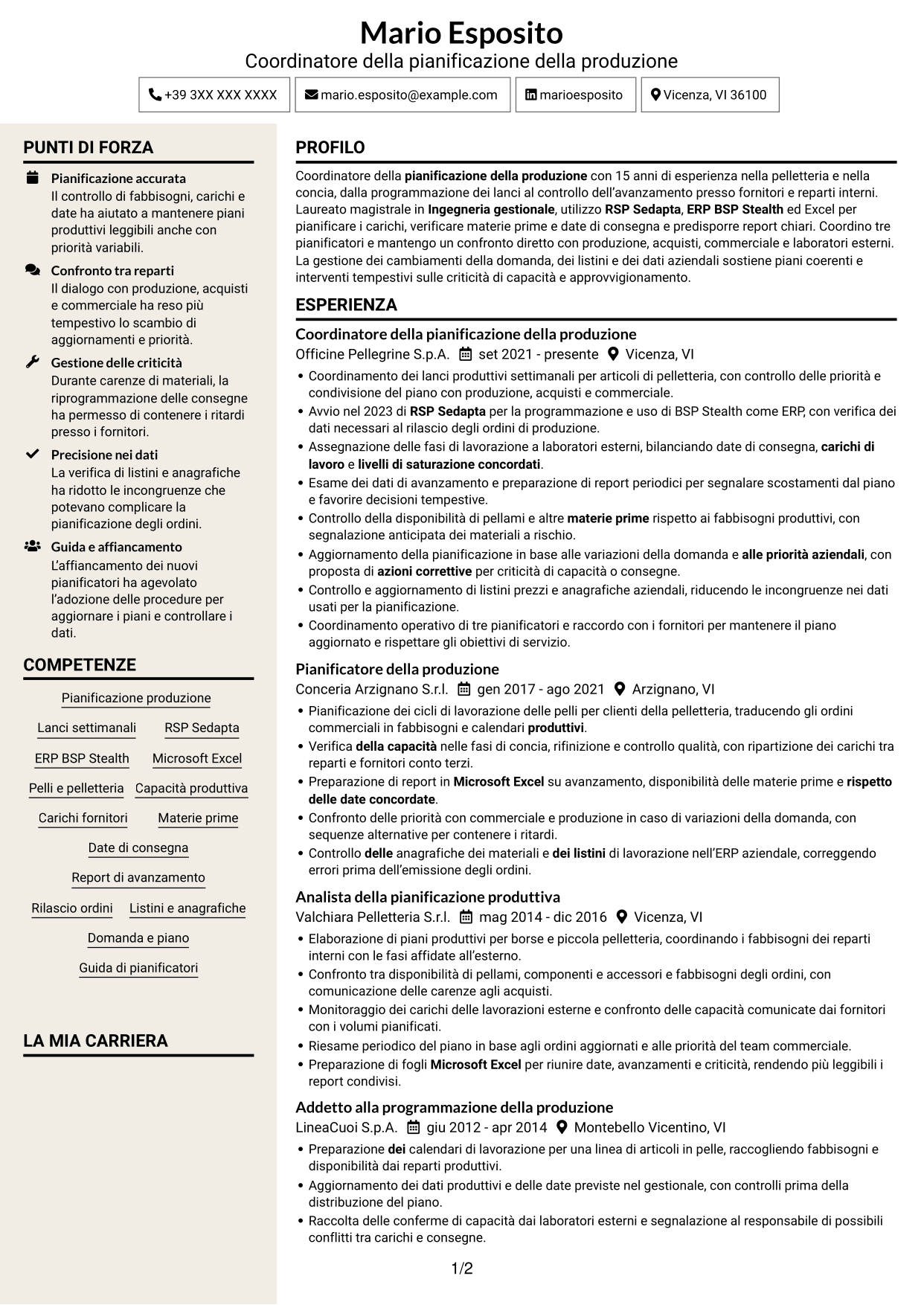 CV Intraprendente (formato a due colonne con intestazione centrata senza foto): Coordinatore della pianificazione della produzione - Pelletteria, pagina 1