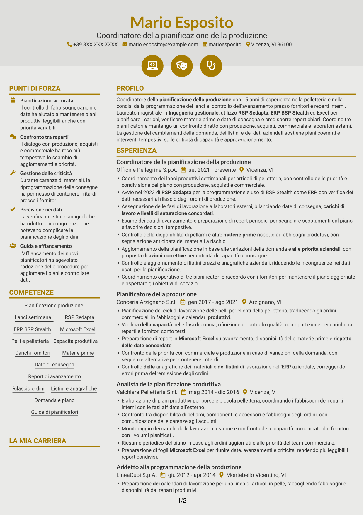 CV Dinamico (formato a due colonne con icone): Coordinatore della pianificazione della produzione - Pelletteria, pagina 1