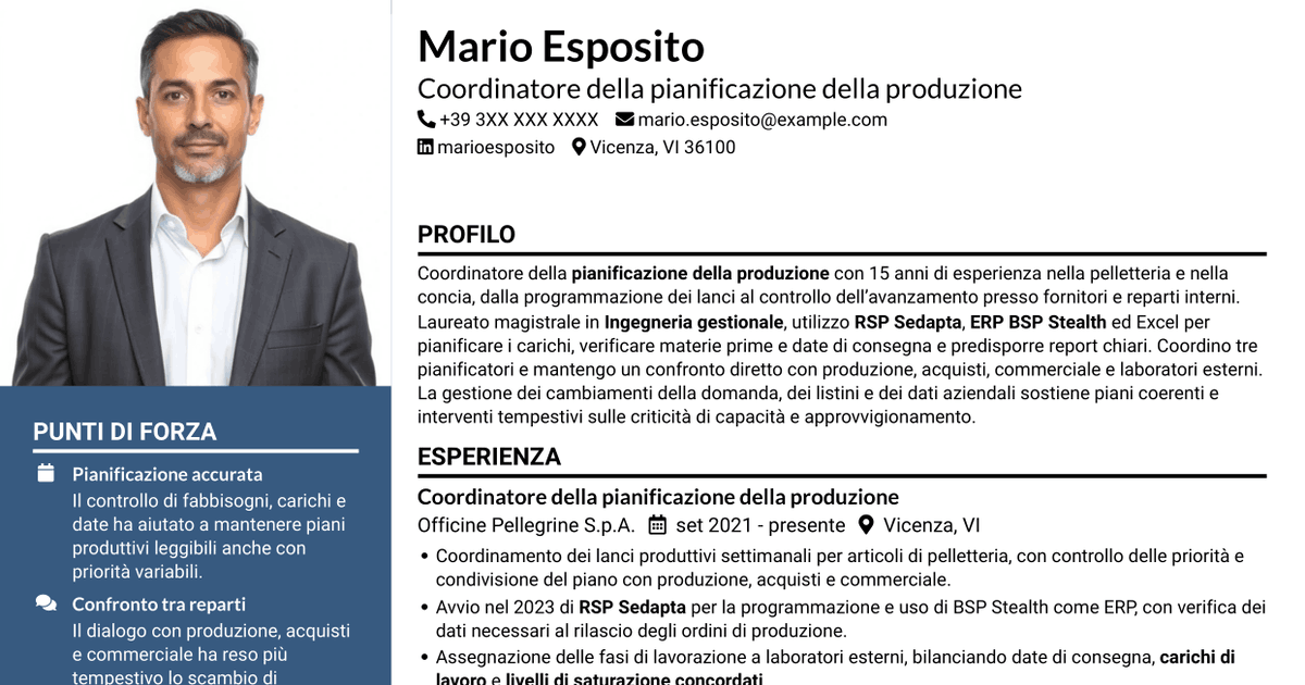 7 modelli di CV per Coordinatore della pianificazione della produzione - Pelletteria, con esempi