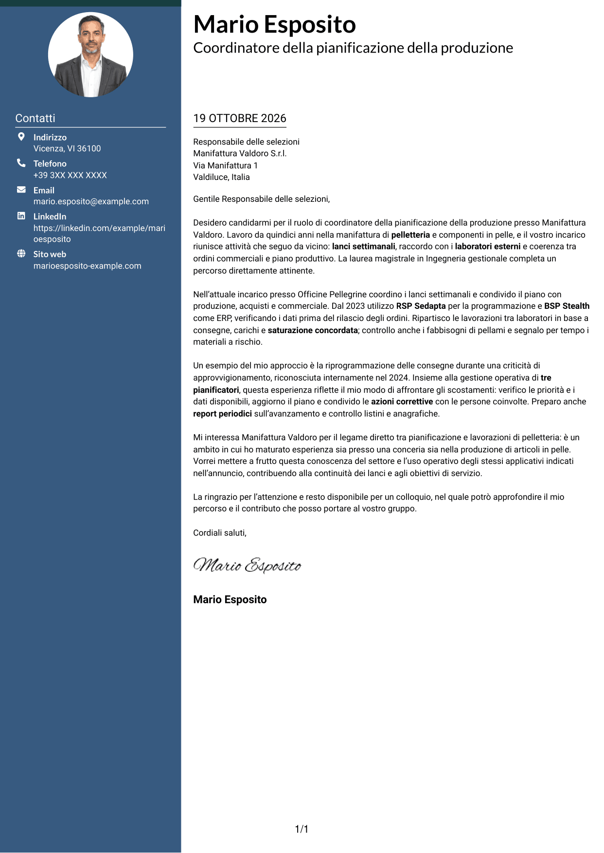 Lettera di presentazione Elegante (formato con colonna laterale colorata e foto): Coordinatore della pianificazione della produzione - Pelletteria, pagina 1