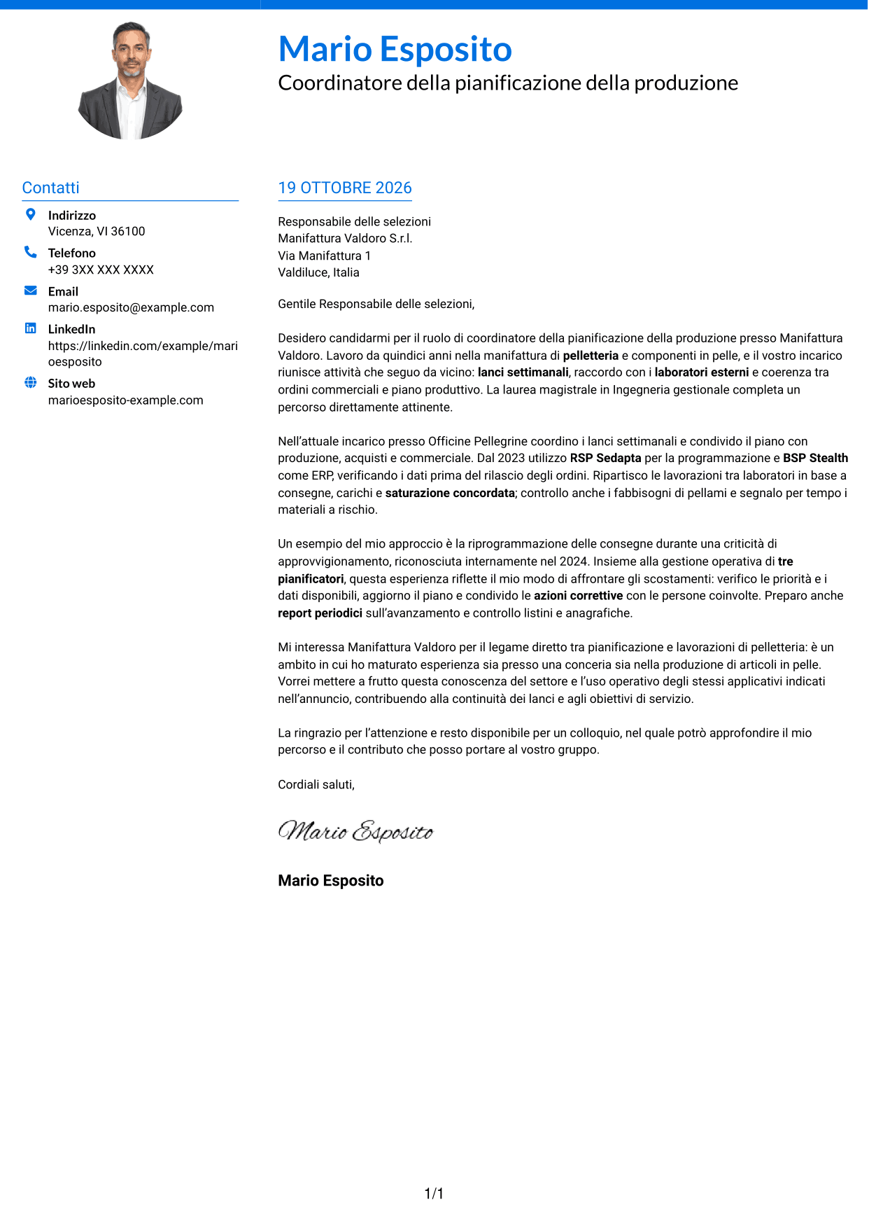 Lettera di presentazione Audace (formato a due colonne con accenti colorati e foto): Coordinatore della pianificazione della produzione - Pelletteria, pagina 1