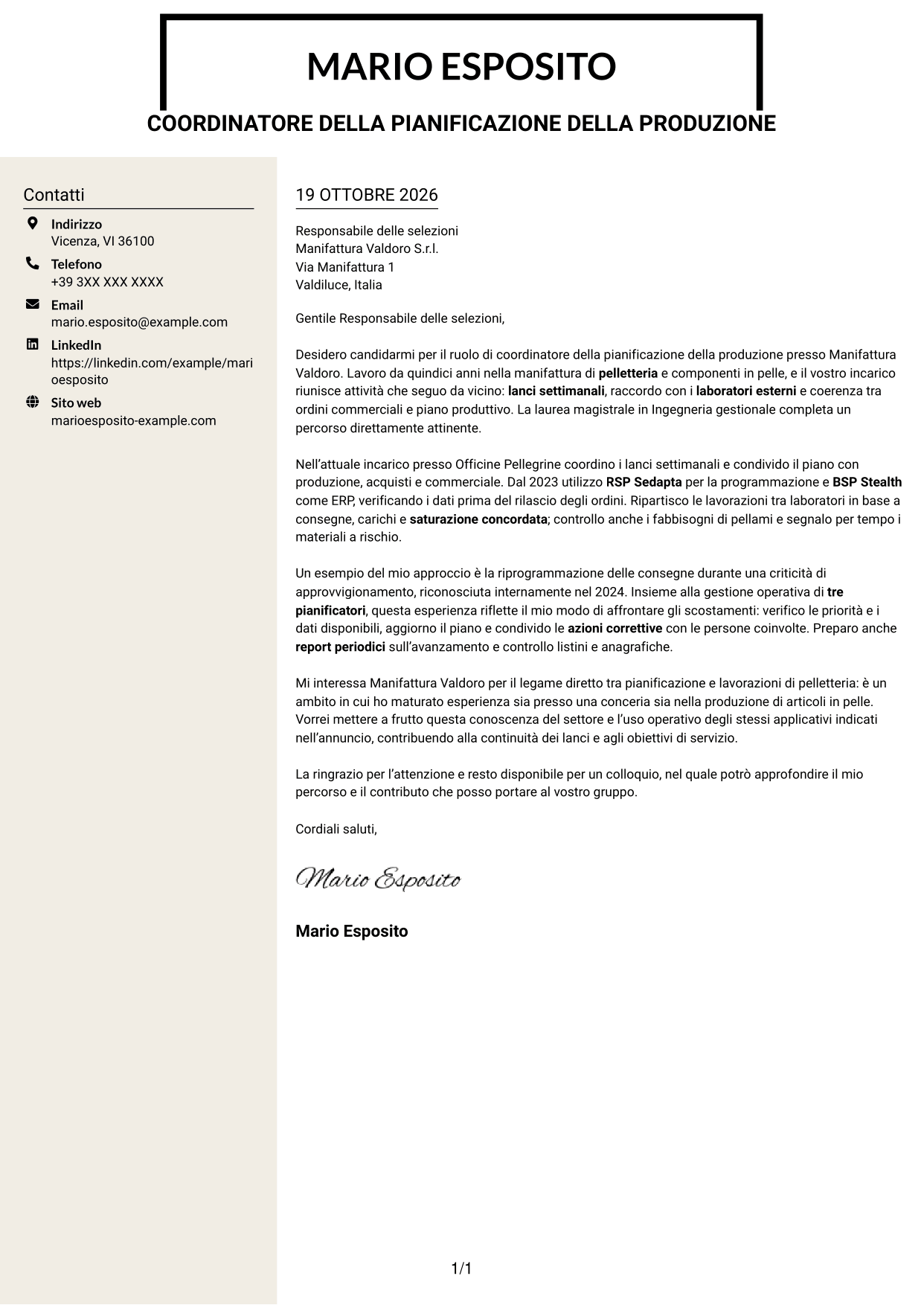 Lettera di presentazione Intraprendente (formato a due colonne con intestazione centrata senza foto): Coordinatore della pianificazione della produzione - Pelletteria, pagina 1