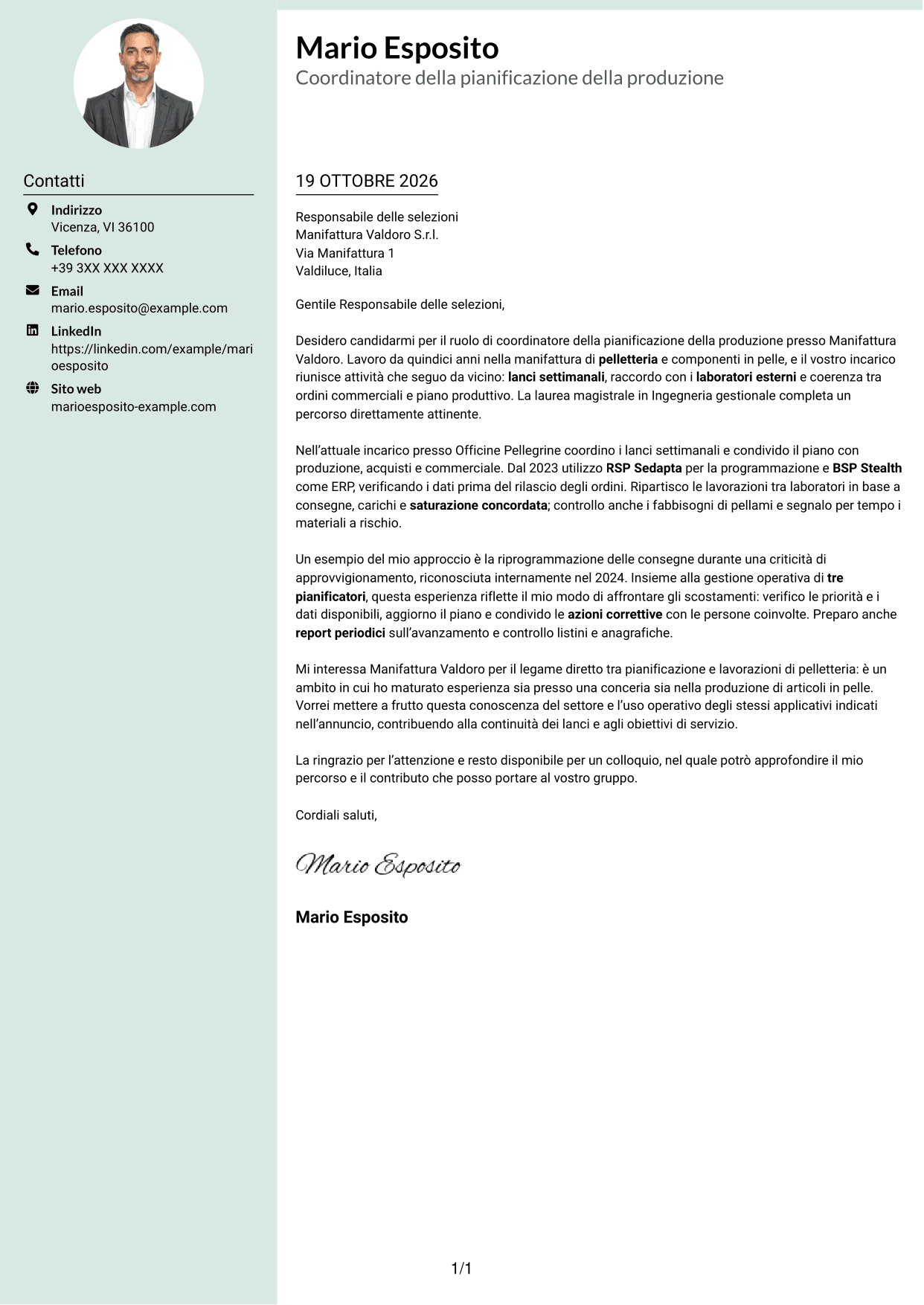 Lettera di presentazione Dirigente (formato con colonna laterale tenue e foto arrotondata): Coordinatore della pianificazione della produzione - Pelletteria, pagina 1