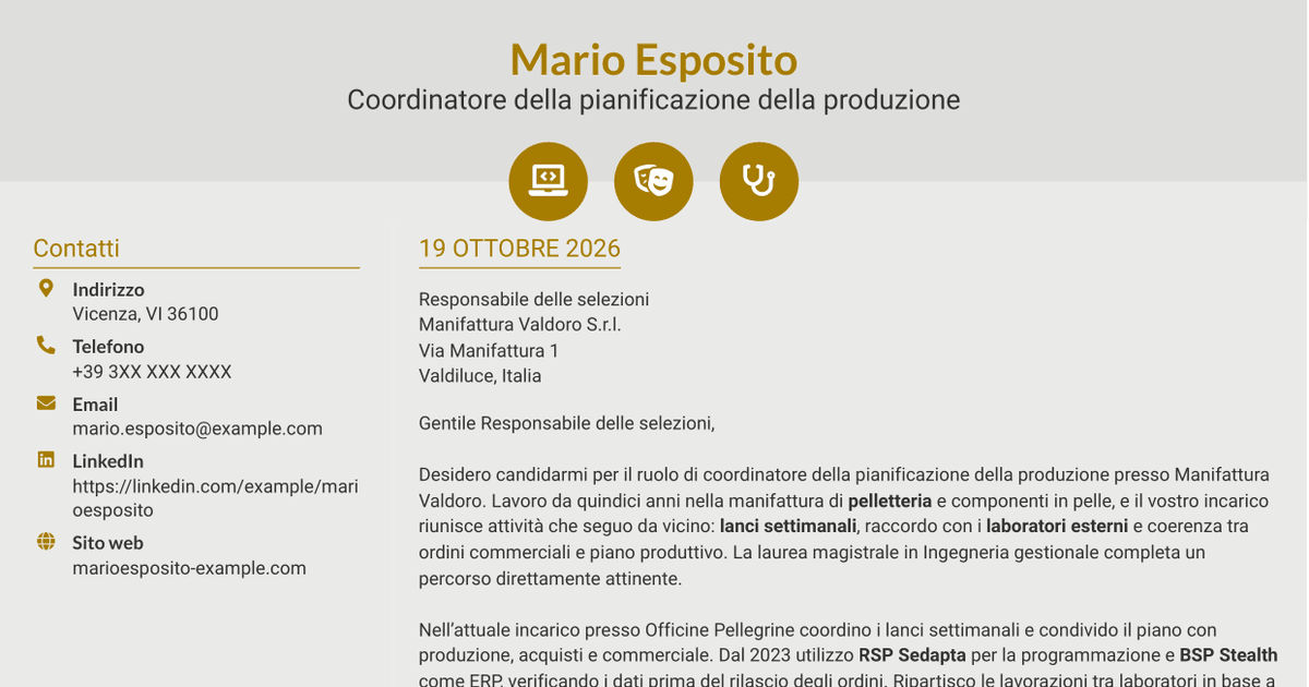 7 modelli di lettera di presentazione per Coordinatore della pianificazione della produzione - Pelletteria, con esempi