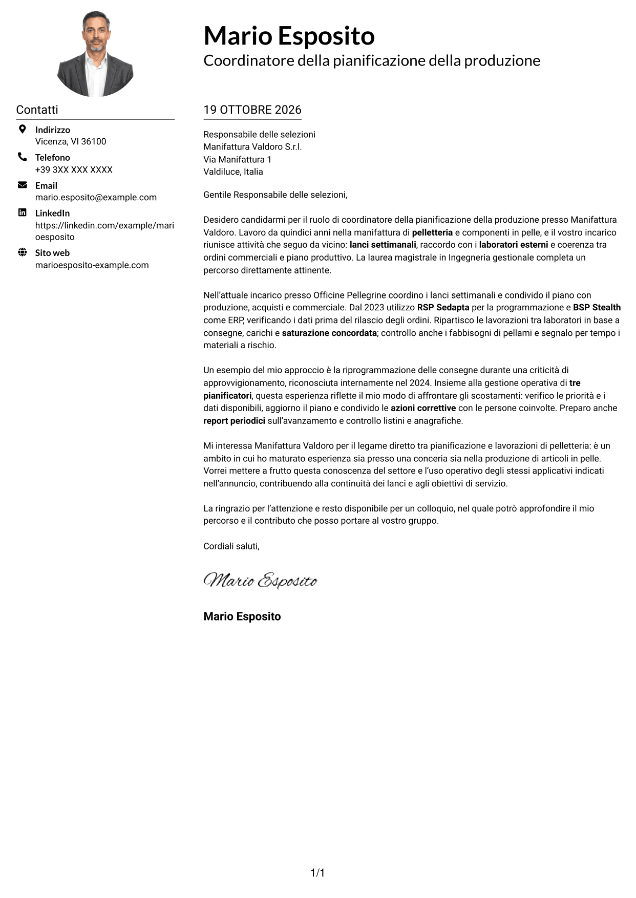 Esempio di lettera di presentazione — pagina 1