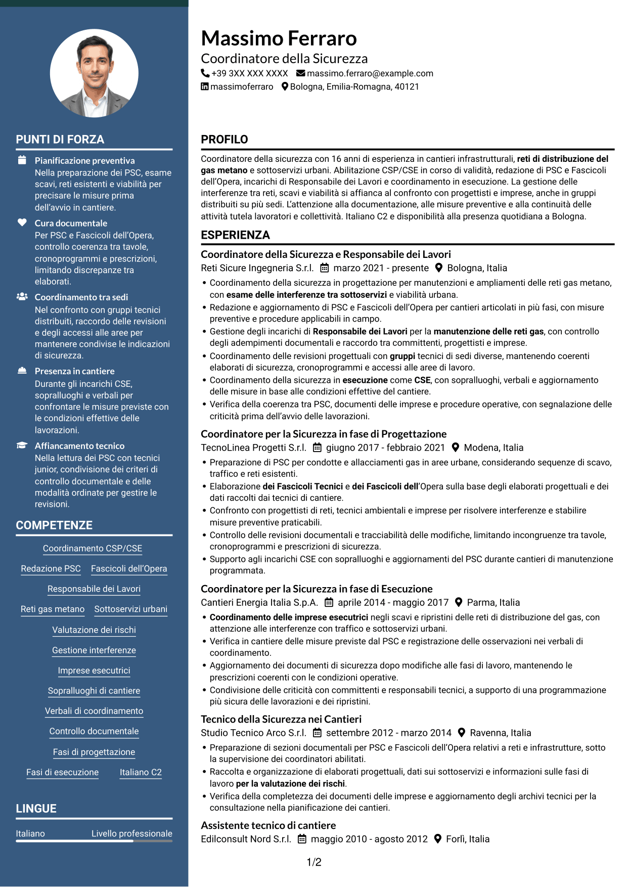 CV Elegante (formato con colonna laterale colorata e foto): Coordinatore della Sicurezza - Cantieri Reti Gas, pagina 1