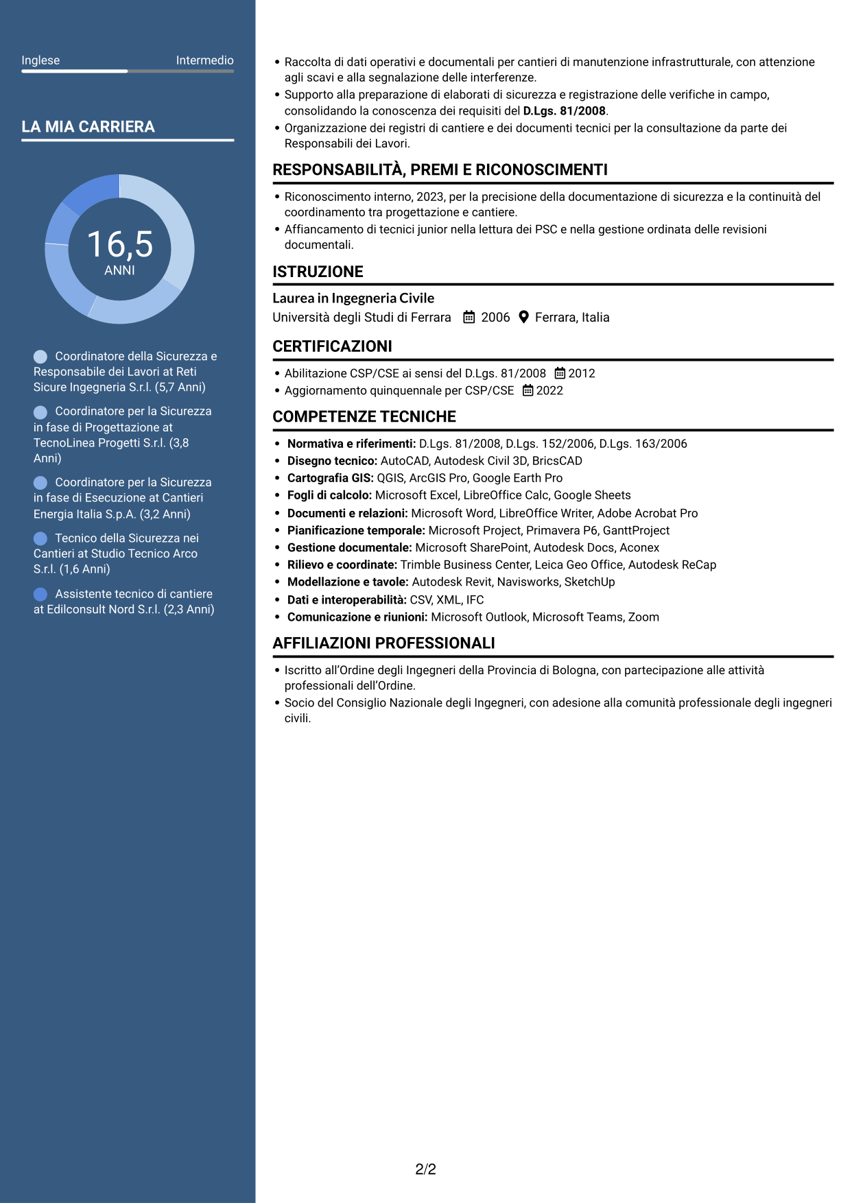 CV Elegante (formato con colonna laterale colorata e foto): Coordinatore della Sicurezza - Cantieri Reti Gas, pagina 2