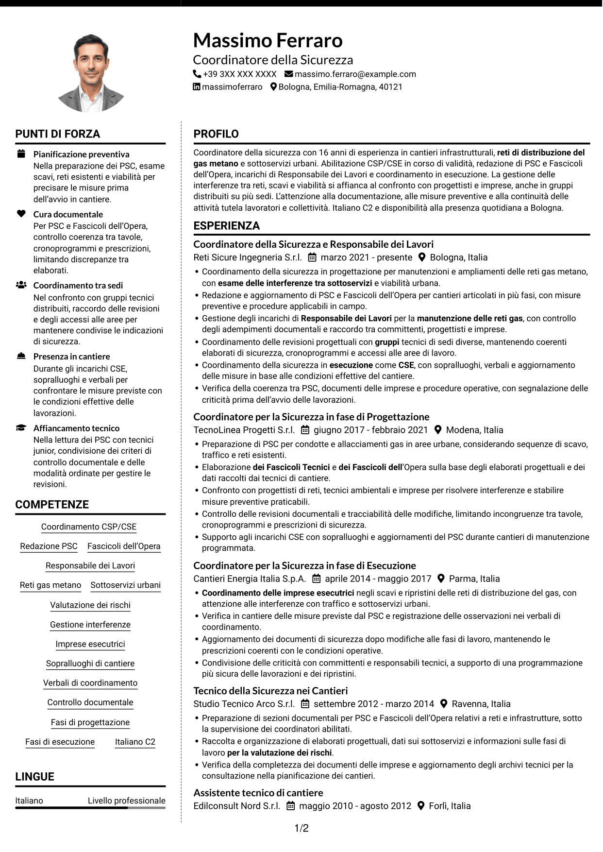 CV Moderno (formato a due colonne con foto a sinistra e separatore): Coordinatore della Sicurezza - Cantieri Reti Gas, pagina 1