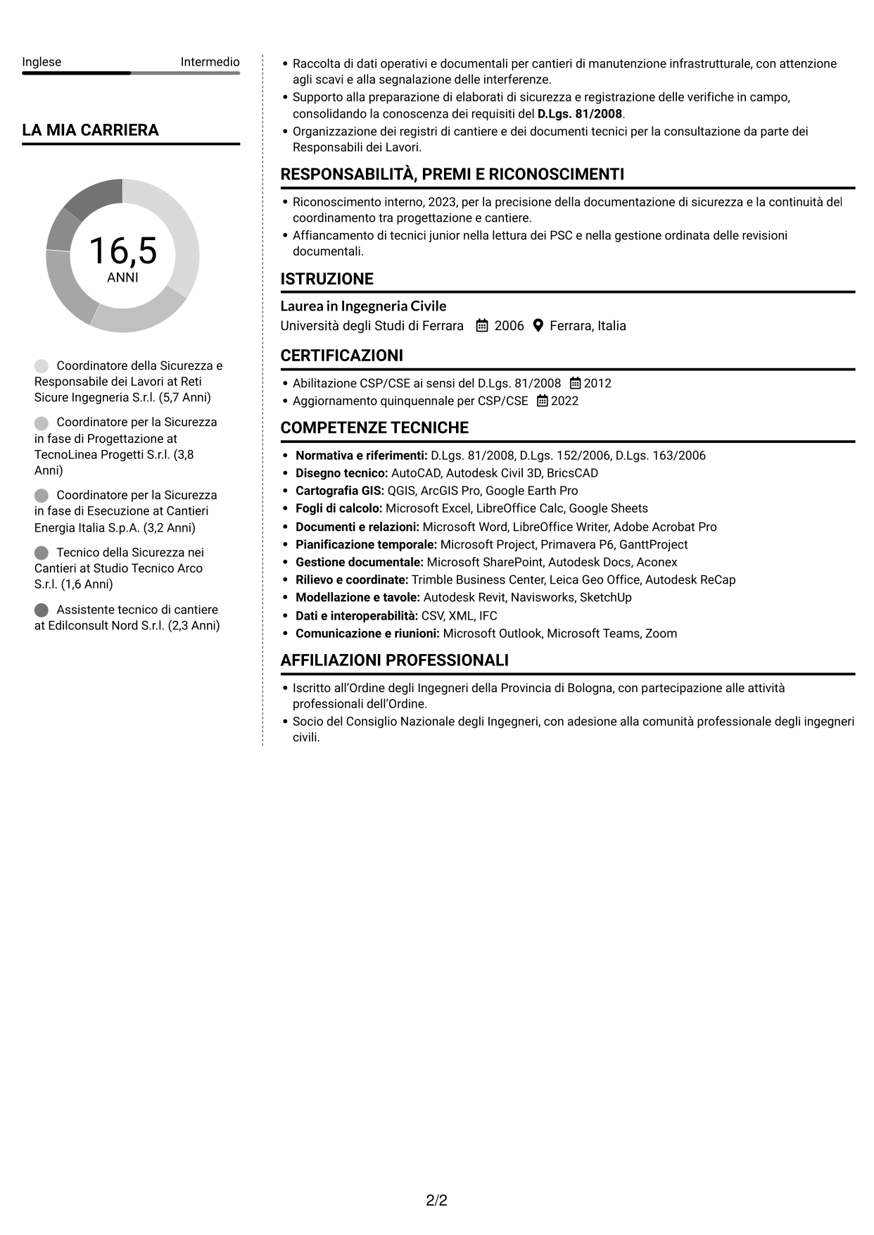 CV Moderno (formato a due colonne con foto a sinistra e separatore): Coordinatore della Sicurezza - Cantieri Reti Gas, pagina 2