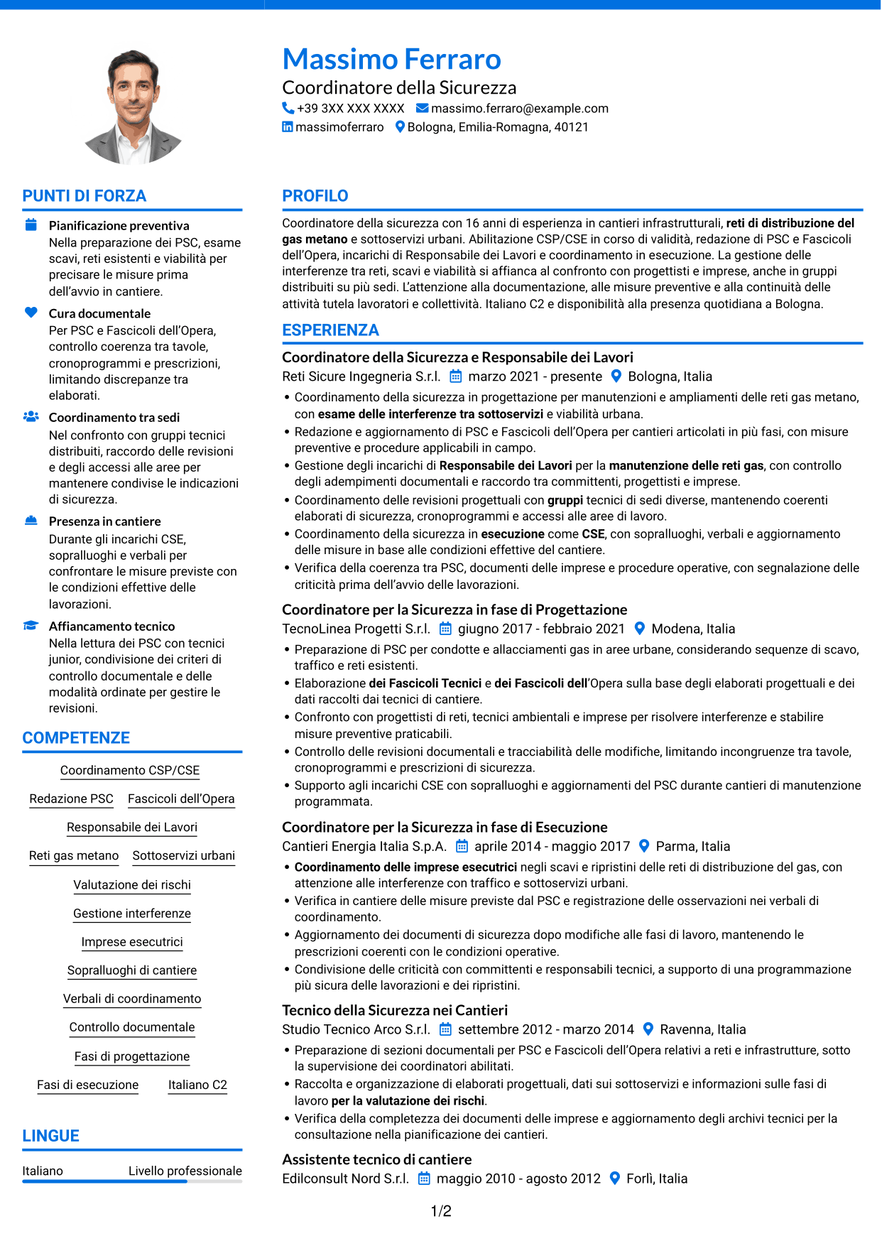 CV Audace (formato a due colonne con accenti colorati e foto): Coordinatore della Sicurezza - Cantieri Reti Gas, pagina 1