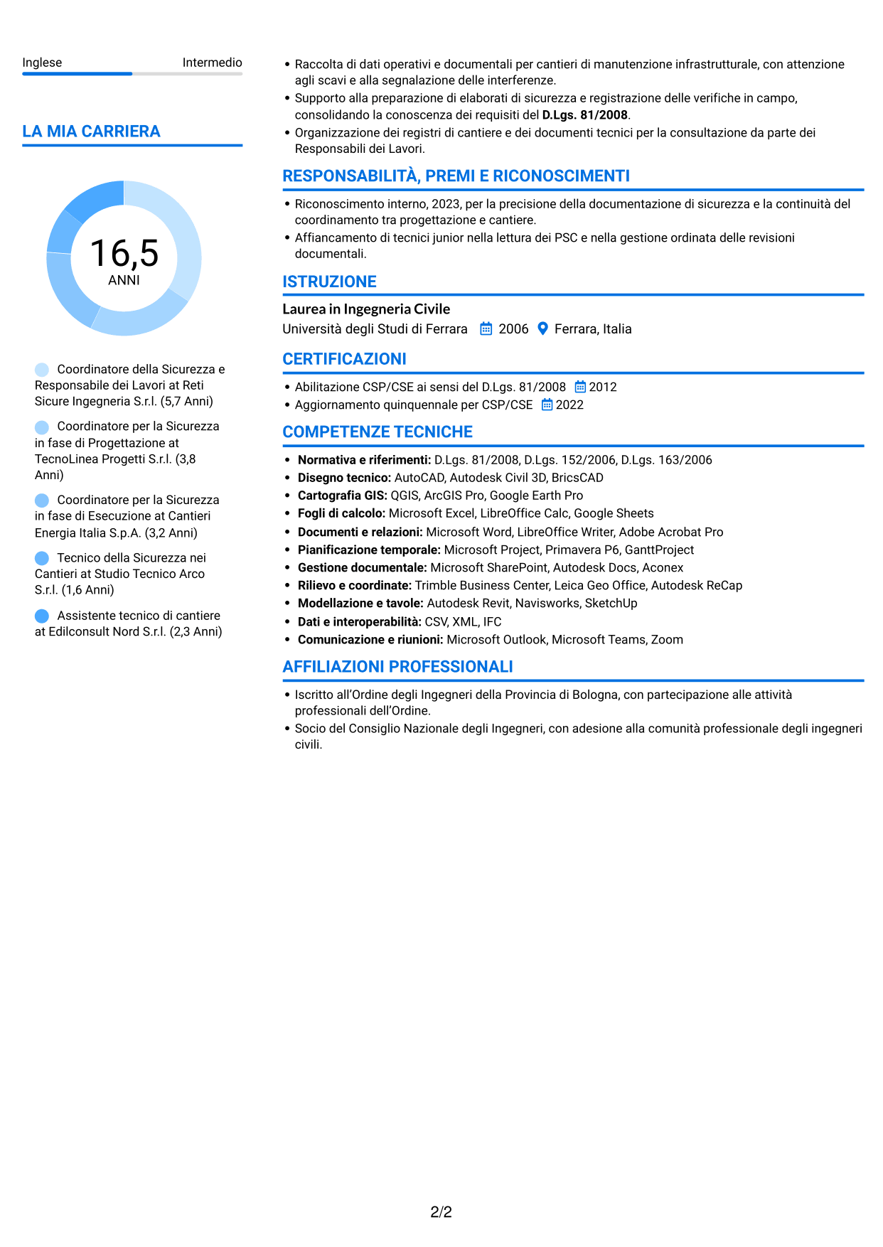 CV Audace (formato a due colonne con accenti colorati e foto): Coordinatore della Sicurezza - Cantieri Reti Gas, pagina 2