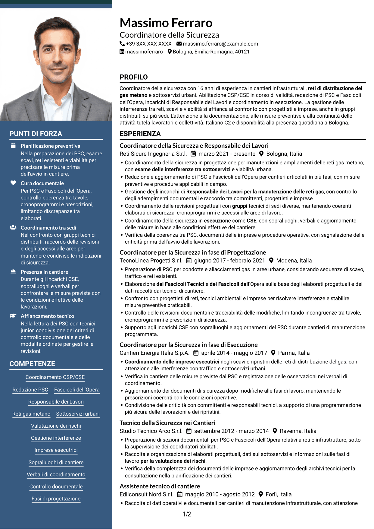 CV Signature (formato con colonna laterale colorata e foto grande): Coordinatore della Sicurezza - Cantieri Reti Gas, pagina 1