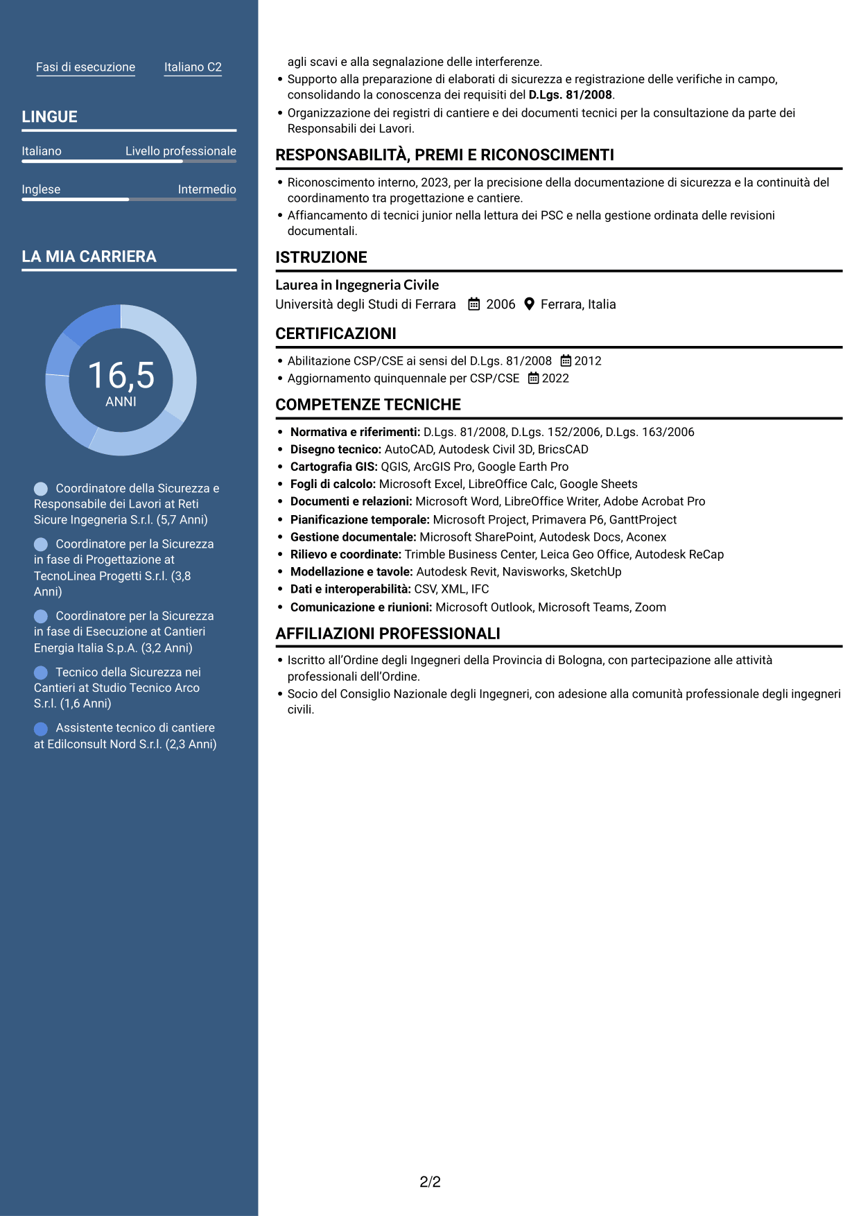 CV Signature (formato con colonna laterale colorata e foto grande): Coordinatore della Sicurezza - Cantieri Reti Gas, pagina 2