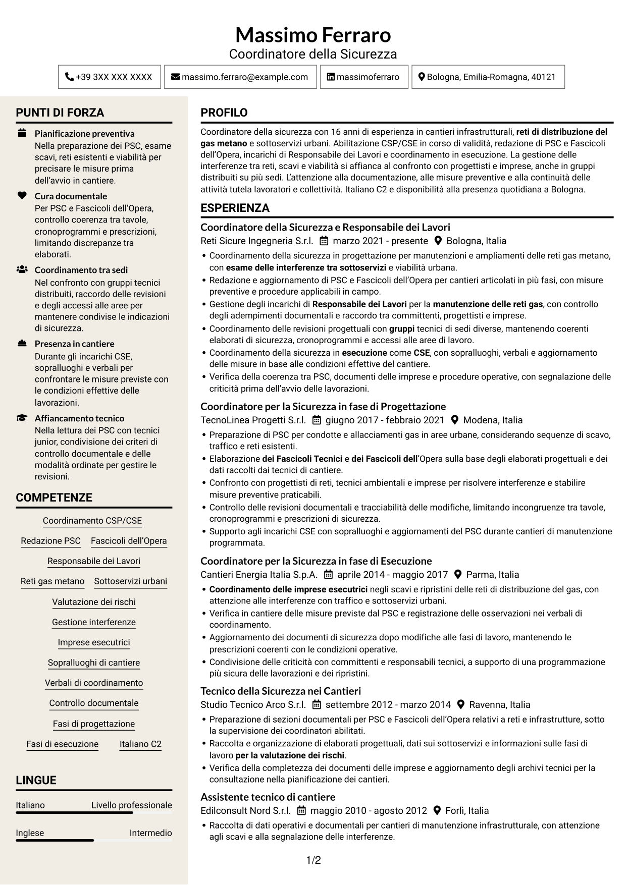 CV Intraprendente (formato a due colonne con intestazione centrata senza foto): Coordinatore della Sicurezza - Cantieri Reti Gas, pagina 1