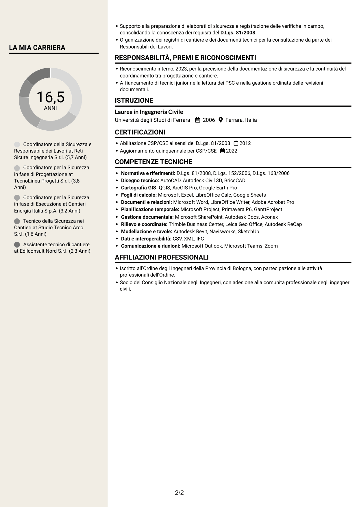 CV Intraprendente (formato a due colonne con intestazione centrata senza foto): Coordinatore della Sicurezza - Cantieri Reti Gas, pagina 2
