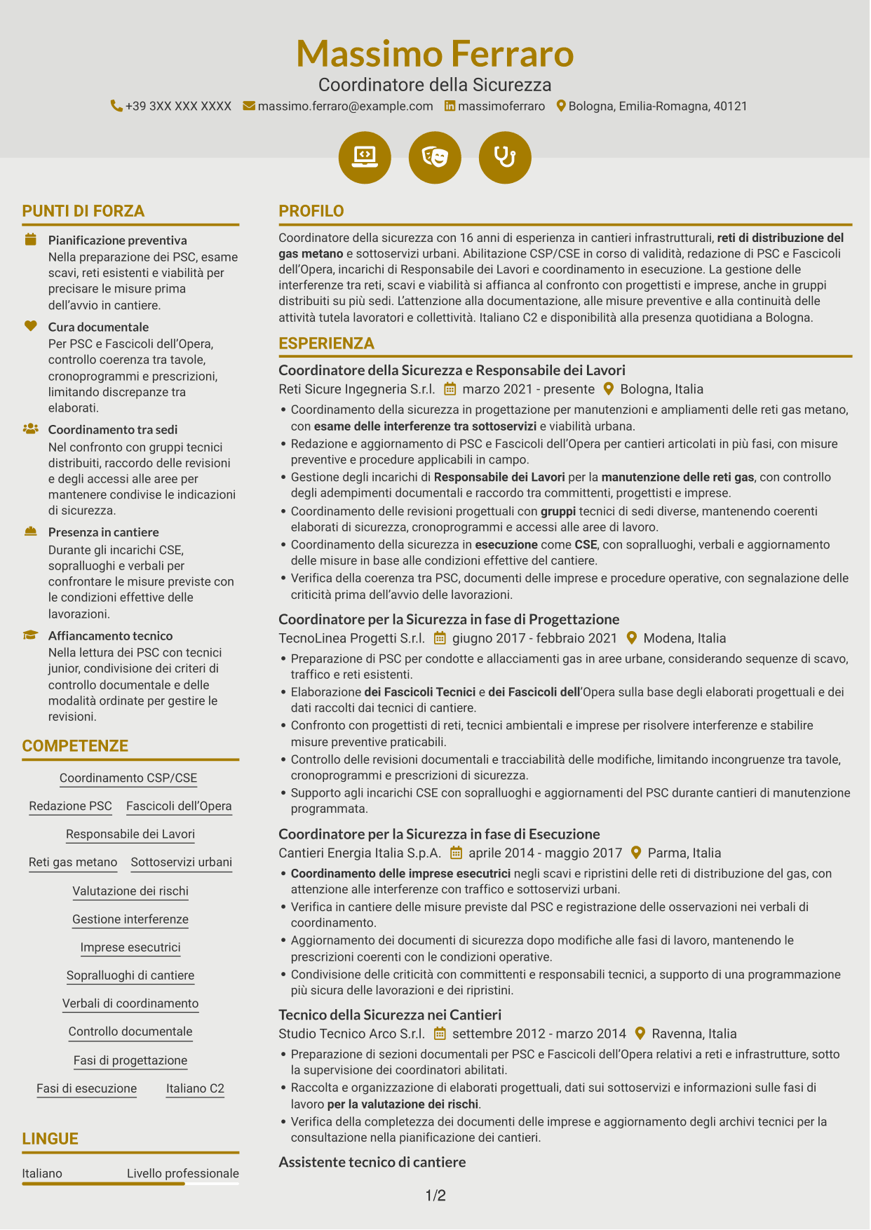 CV Dinamico (formato a due colonne con icone): Coordinatore della Sicurezza - Cantieri Reti Gas, pagina 1