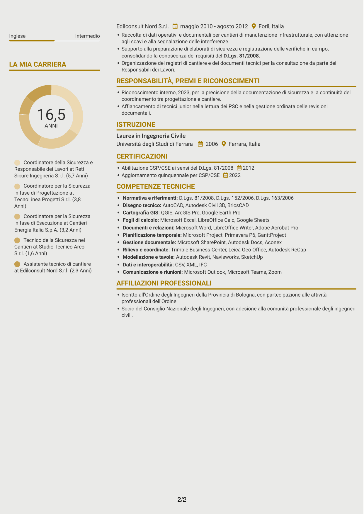 CV Dinamico (formato a due colonne con icone): Coordinatore della Sicurezza - Cantieri Reti Gas, pagina 2