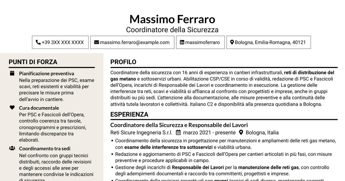 7 modelli di CV per Coordinatore della Sicurezza - Cantieri Reti Gas, con esempi