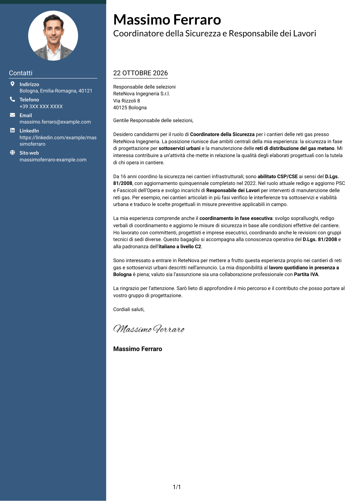 Lettera di presentazione Elegante (formato con colonna laterale colorata e foto): Coordinatore della Sicurezza - Cantieri Reti Gas, pagina 1