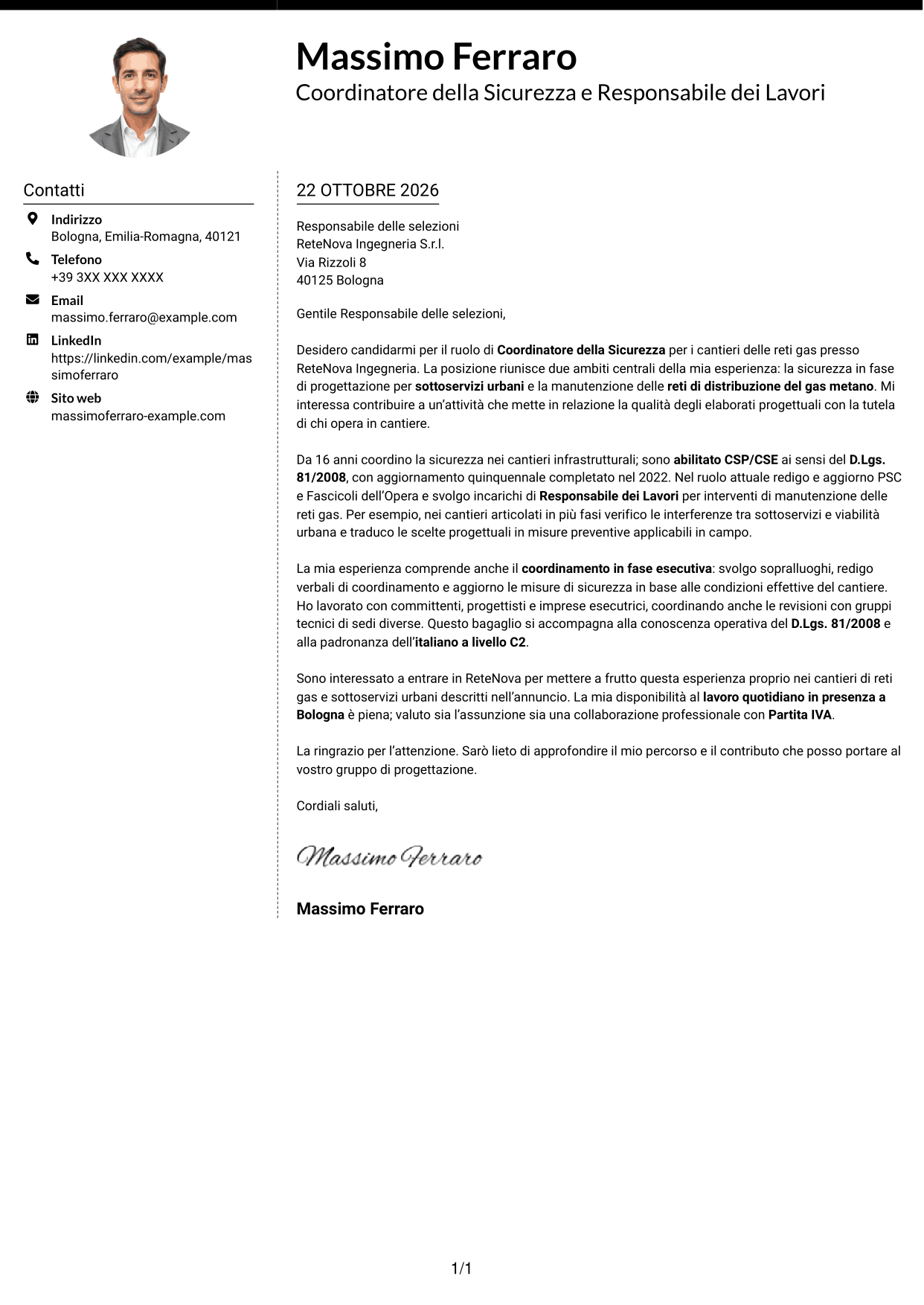 Lettera di presentazione Moderno (formato a due colonne con foto a sinistra e separatore): Coordinatore della Sicurezza - Cantieri Reti Gas, pagina 1