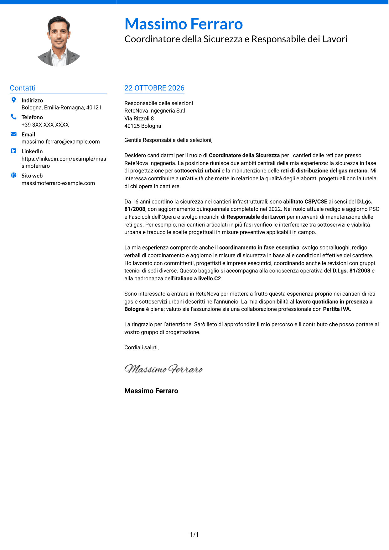 Lettera di presentazione Audace (formato a due colonne con accenti colorati e foto): Coordinatore della Sicurezza - Cantieri Reti Gas, pagina 1