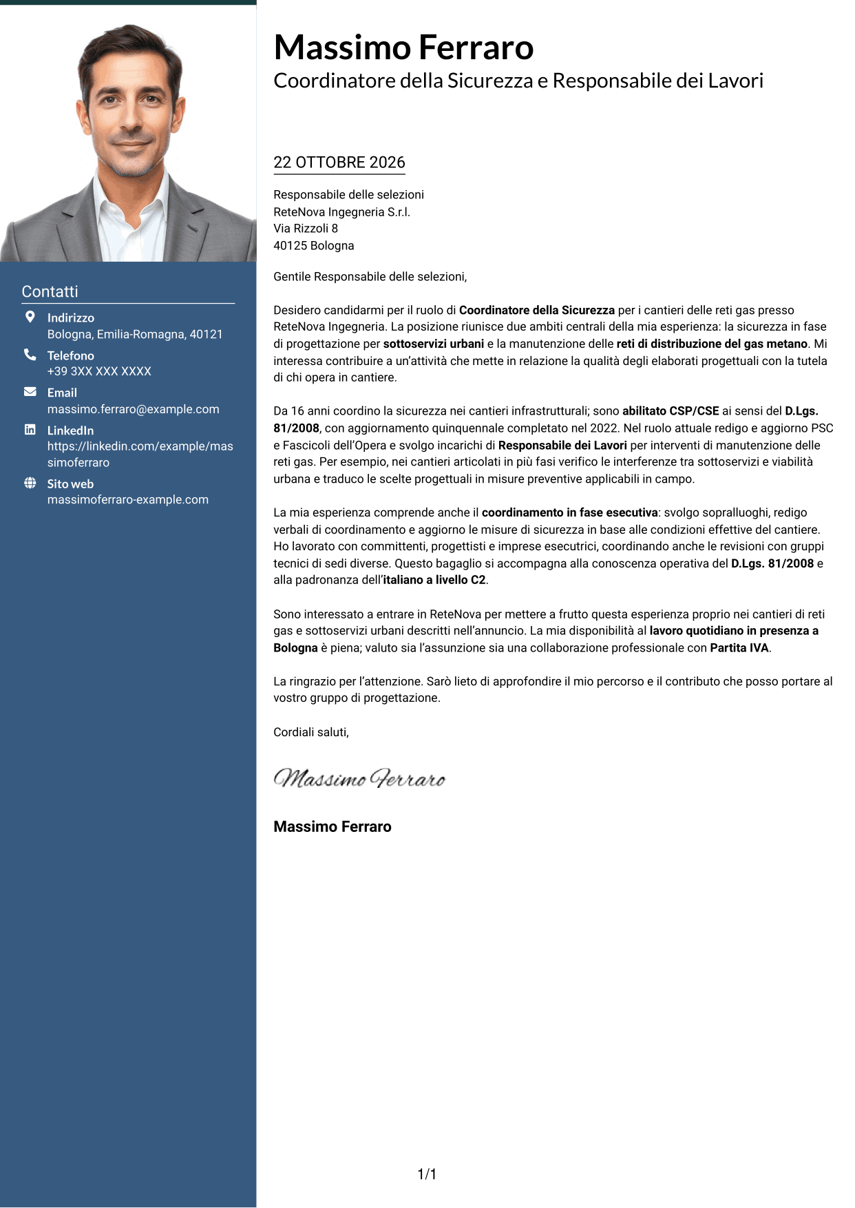 Lettera di presentazione Signature (formato con colonna laterale colorata e foto grande): Coordinatore della Sicurezza - Cantieri Reti Gas, pagina 1