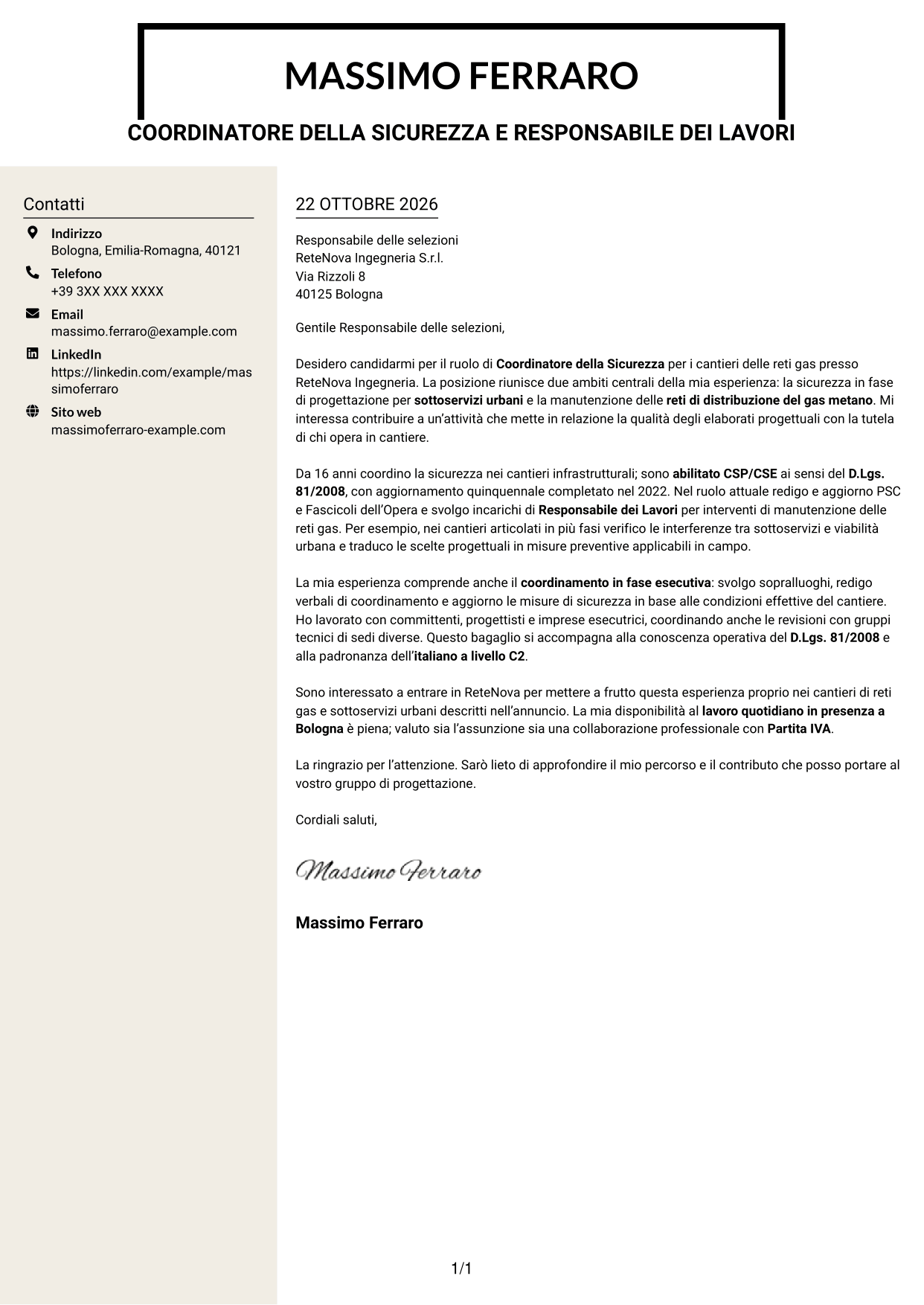 Lettera di presentazione Intraprendente (formato a due colonne con intestazione centrata senza foto): Coordinatore della Sicurezza - Cantieri Reti Gas, pagina 1