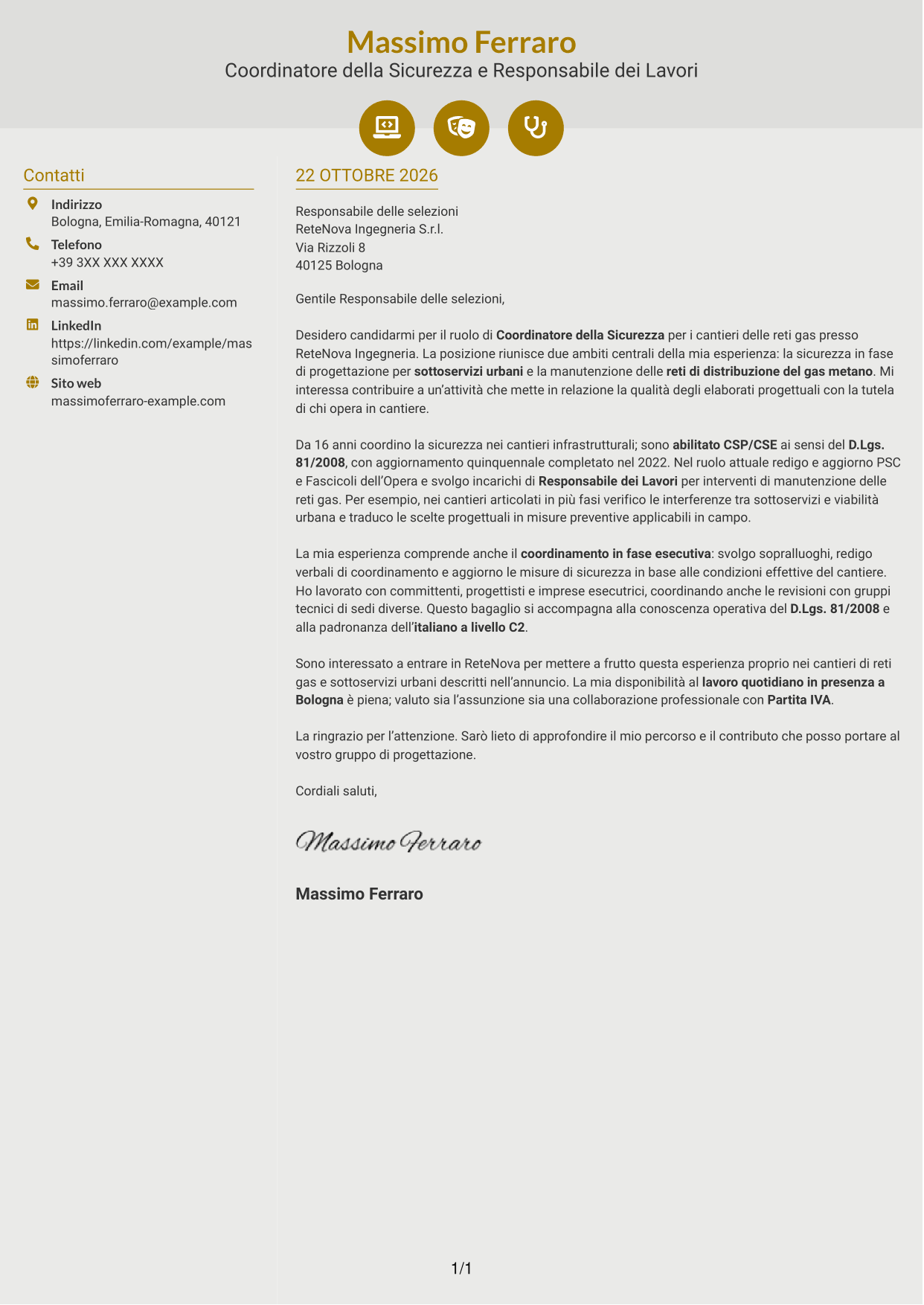 Lettera di presentazione Dinamico (formato a due colonne con icone): Coordinatore della Sicurezza - Cantieri Reti Gas, pagina 1