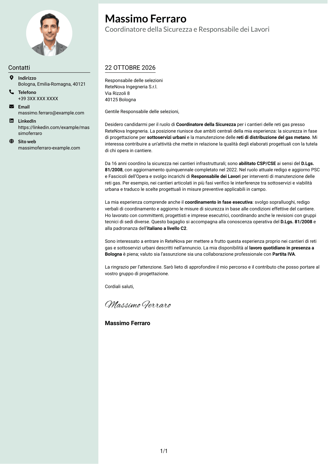 Lettera di presentazione Dirigente (formato con colonna laterale tenue e foto arrotondata): Coordinatore della Sicurezza - Cantieri Reti Gas, pagina 1