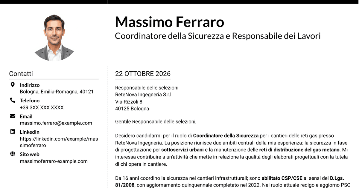 7 modelli di lettera di presentazione per Coordinatore della Sicurezza - Cantieri Reti Gas, con esempi