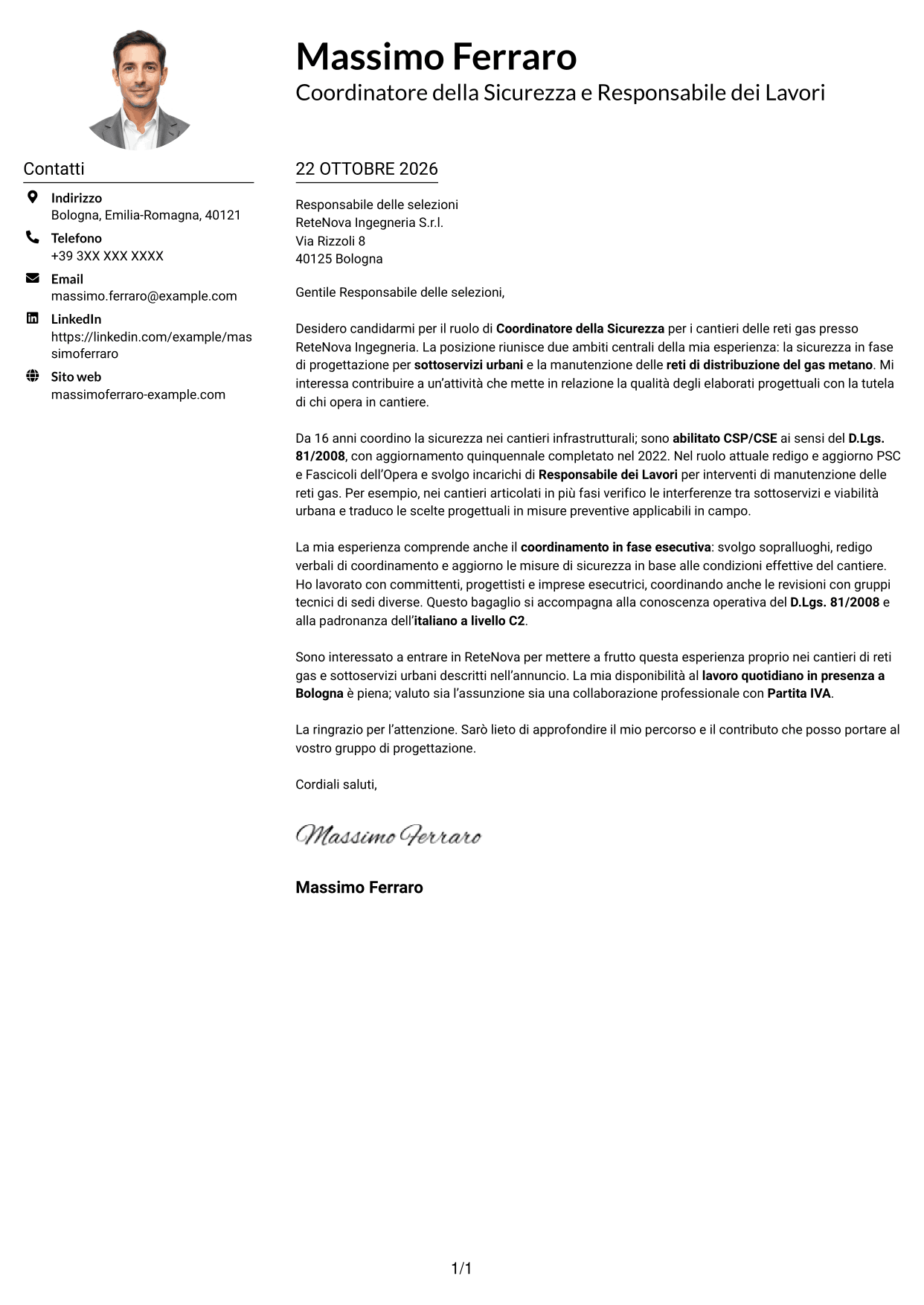 Esempio di lettera di presentazione — pagina 1
